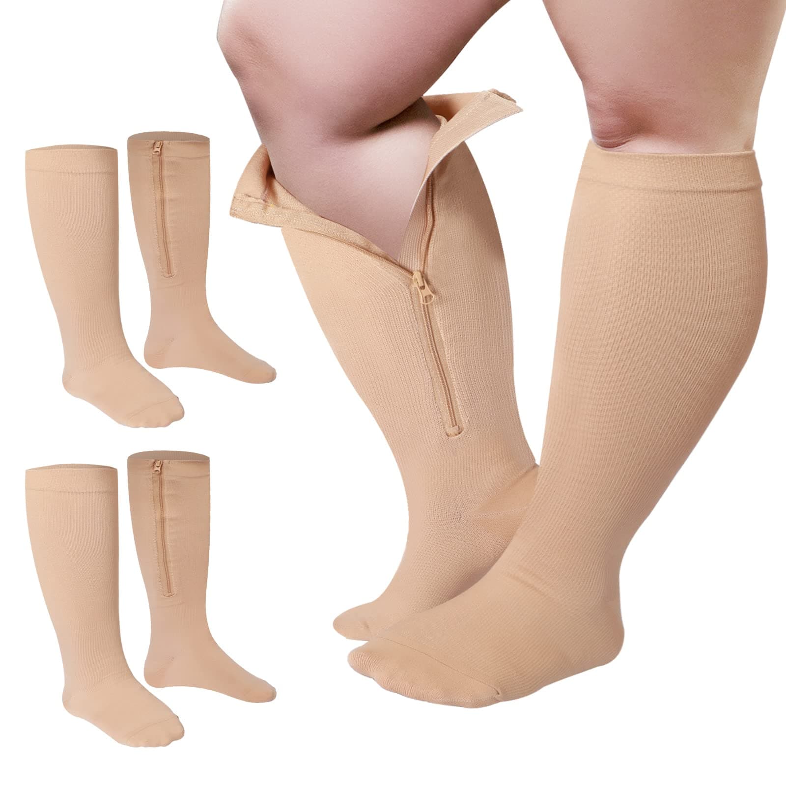 Hillban 2 Pair Wide Plus Size Calf Compression Socks with Zipper for Overweight Women Men 15 to 25 MmHg