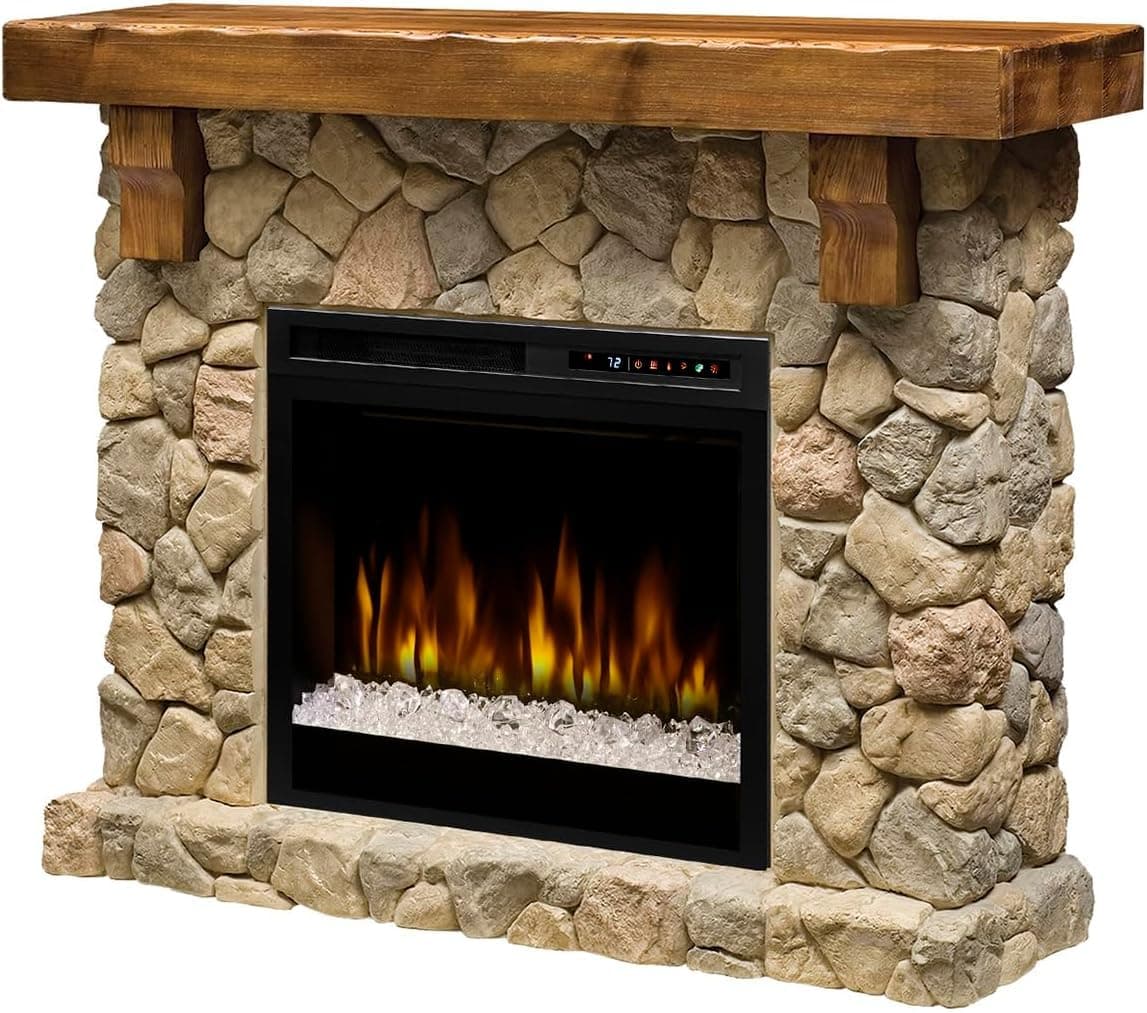 Dimplex Fieldstone Electric Fireplace with Rustic Mantel Surround Package | Pine with Natural Stone-Look, 28" Electric Firebox Heater | 1500W | Acrylic Ice | Remote Control | #GDS28L8-904ST