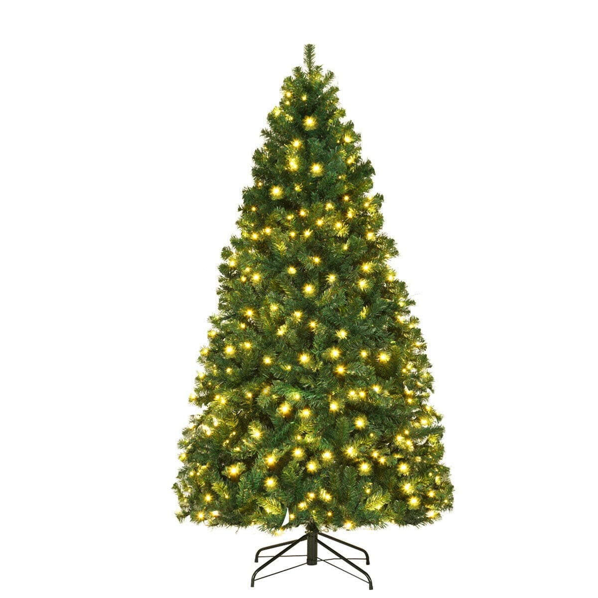 Goplus 7ft Pre-lit Artificial Christmas Tree, Hinged Premium Spruce Xmas Full Tree with 1096 PVC Tips, 300 LED Lights, Folding Metal Stand, for Home Office Party Decoration