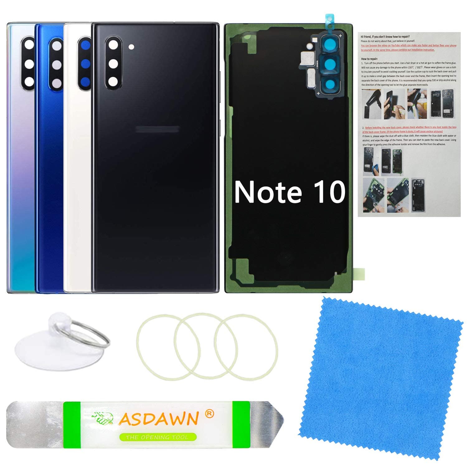 Galaxy Note 10 Back Cover Glass Replacement with Pre-Installed Camera Lens + Installation Manual + Repair Tool Kit for Samsung Galaxy Note 10 SM-N970 All Carriers (Aura Black)