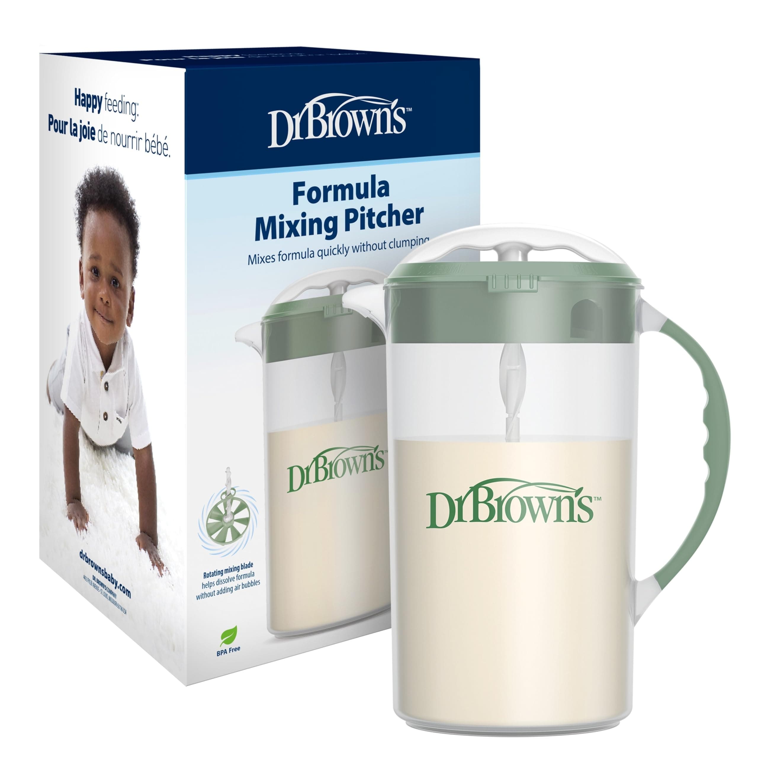 Dr. Brown's Baby Formula Mixing Pitcher with Adjustable Stopper, Locking Lid, & No Drip Spout, 36oz, BPA Free, Olive