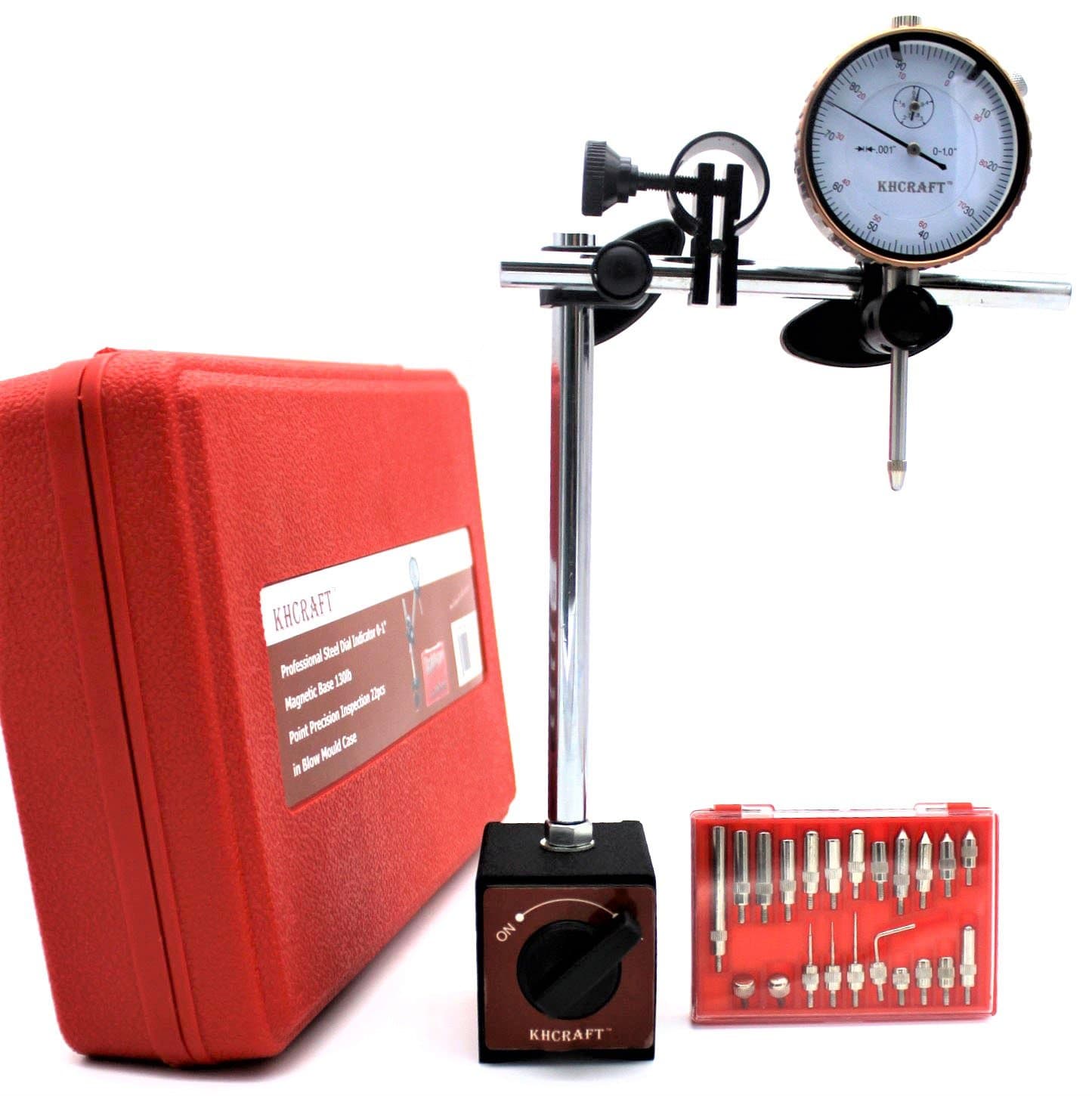 Professional Dial Indicator Magnetic Base: Dial Indicator 0-1"x0.001" Steel Hardened, Magnetic Base 130lb Fine Adjusted, Indicator Points Set 22-Piece in Blow Mould Case