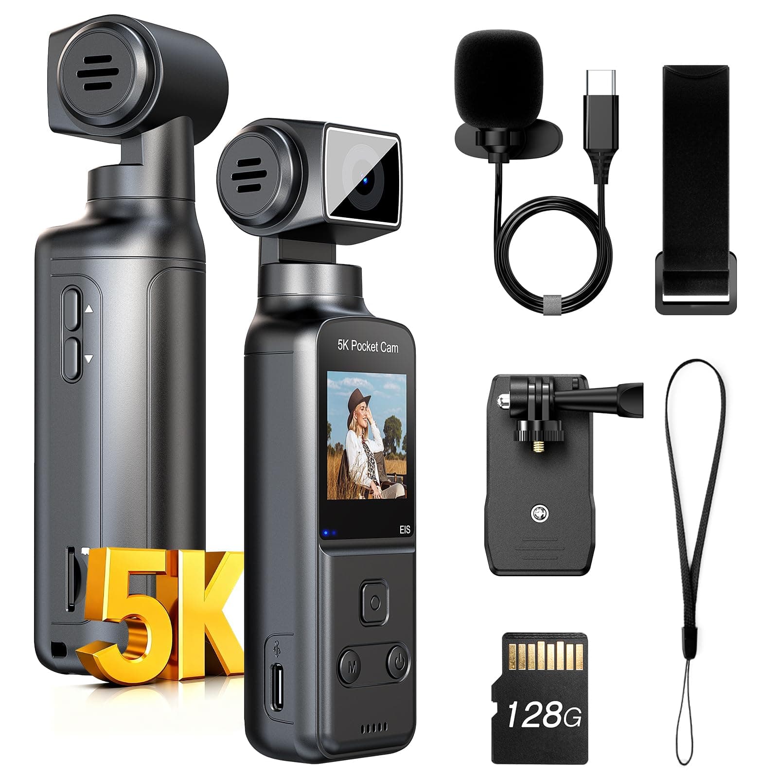 5K Body Camera with Microphone, W5 Vlogging Camera, 5K/15FPS and 4K/60FPS with 270° Rotating Lens, External Mic Support, Clip/Strap Options, EIS Stabilization for Meeting, and Daily Use (128GB)