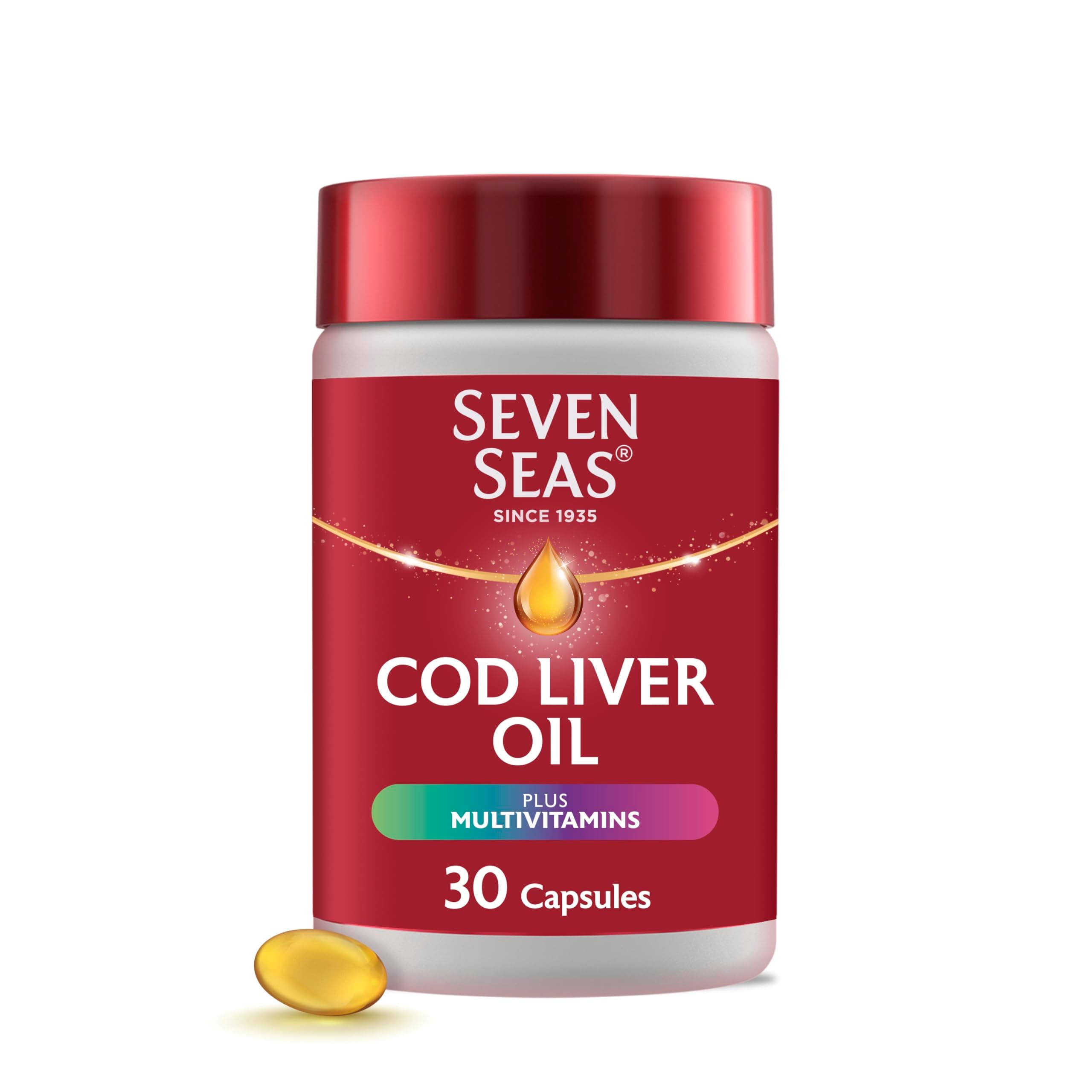 Seven Seas Cod Liver Oil Tablets, Plus Multivitamins and 110 mg Omega-3, 30 High Strength Capsules With Fish Oil, Plus Vitamin D, C, B12 & B6 and A, Folic Acid And Biotin, With EPA and DHA