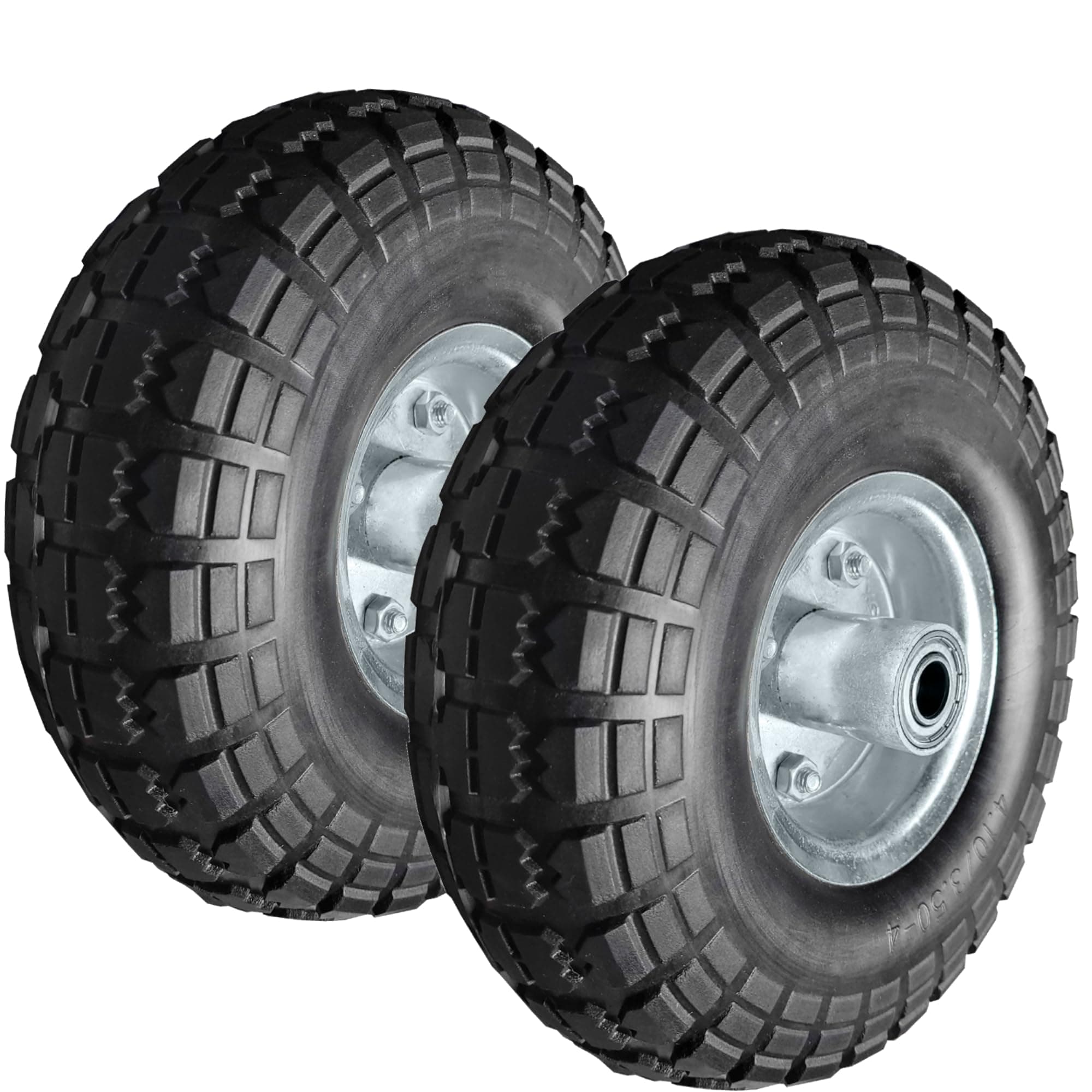2x 10" 4.10/3.50-4" Flat Free Solid Tire and Wheel with 20mm Axle Bore Hole 50mm Offset Hub Replacement (Pair) Puncture Proof Wheel for Carts Wagon Trolley Hand Truck or Sack Truck