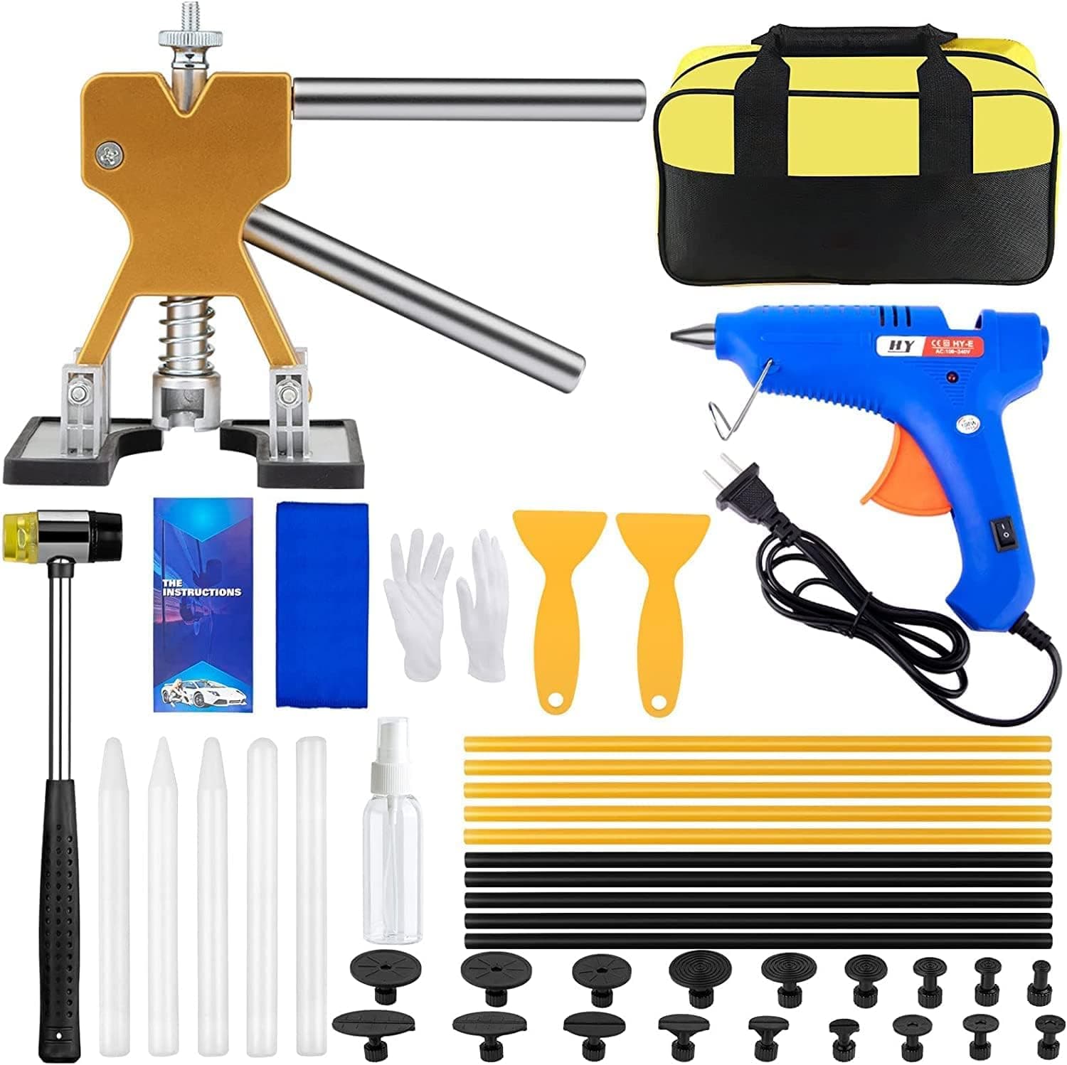 43PCS Dent Removal Kit Paintless Dent Puller Kit with Golden Dent Lifter 100W Glue Gun Rubber Hammer Tap Down Pens Dent Repair Kit for Car Dent Remove