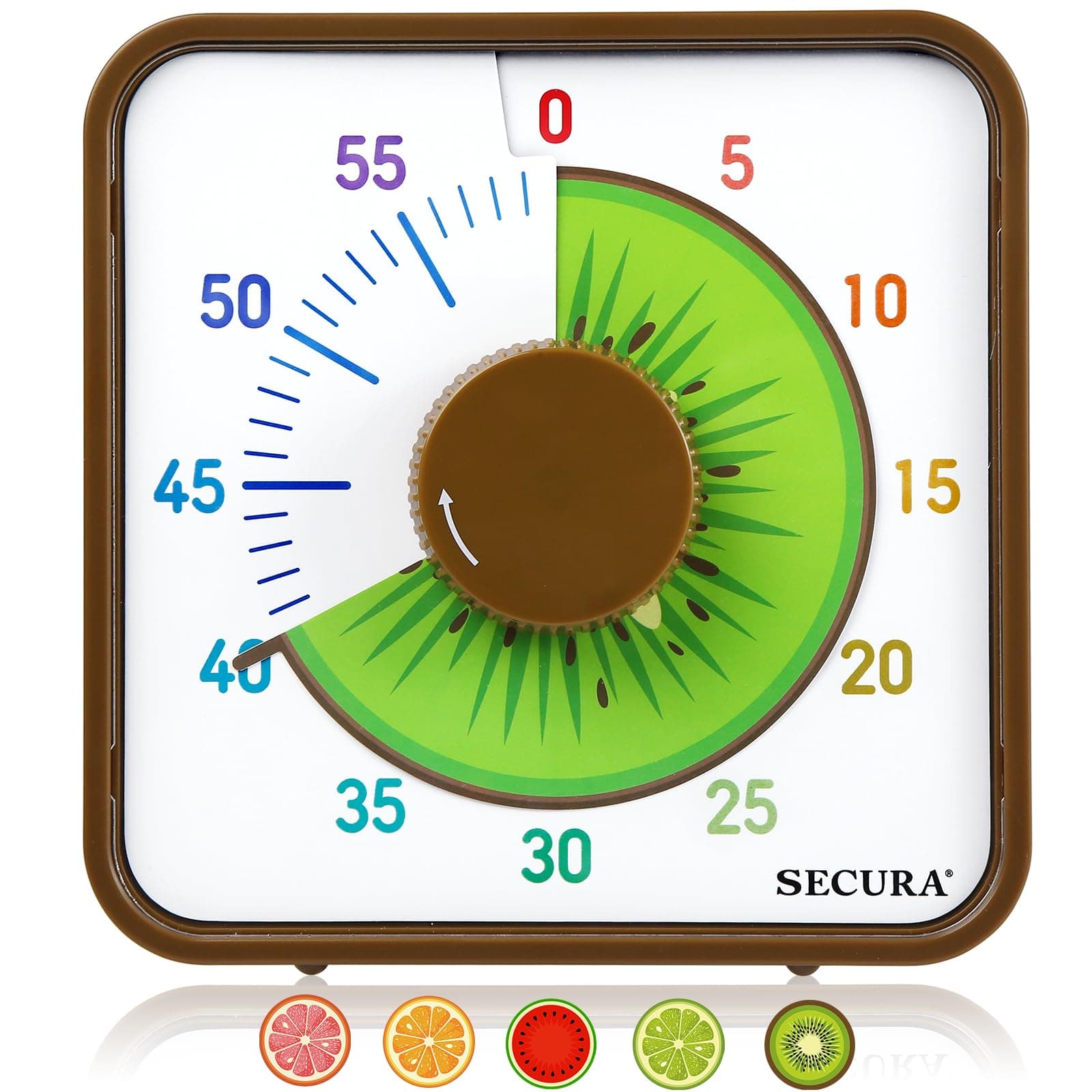 Secura 7.5-Inch Fruit Visual Timer for Kids, 60-Minute Countdown Timer for Classroom or Kitchen, Durable Mechanical Timer Clock with Magnetic Backing (Kiwi), T764-FR-BN