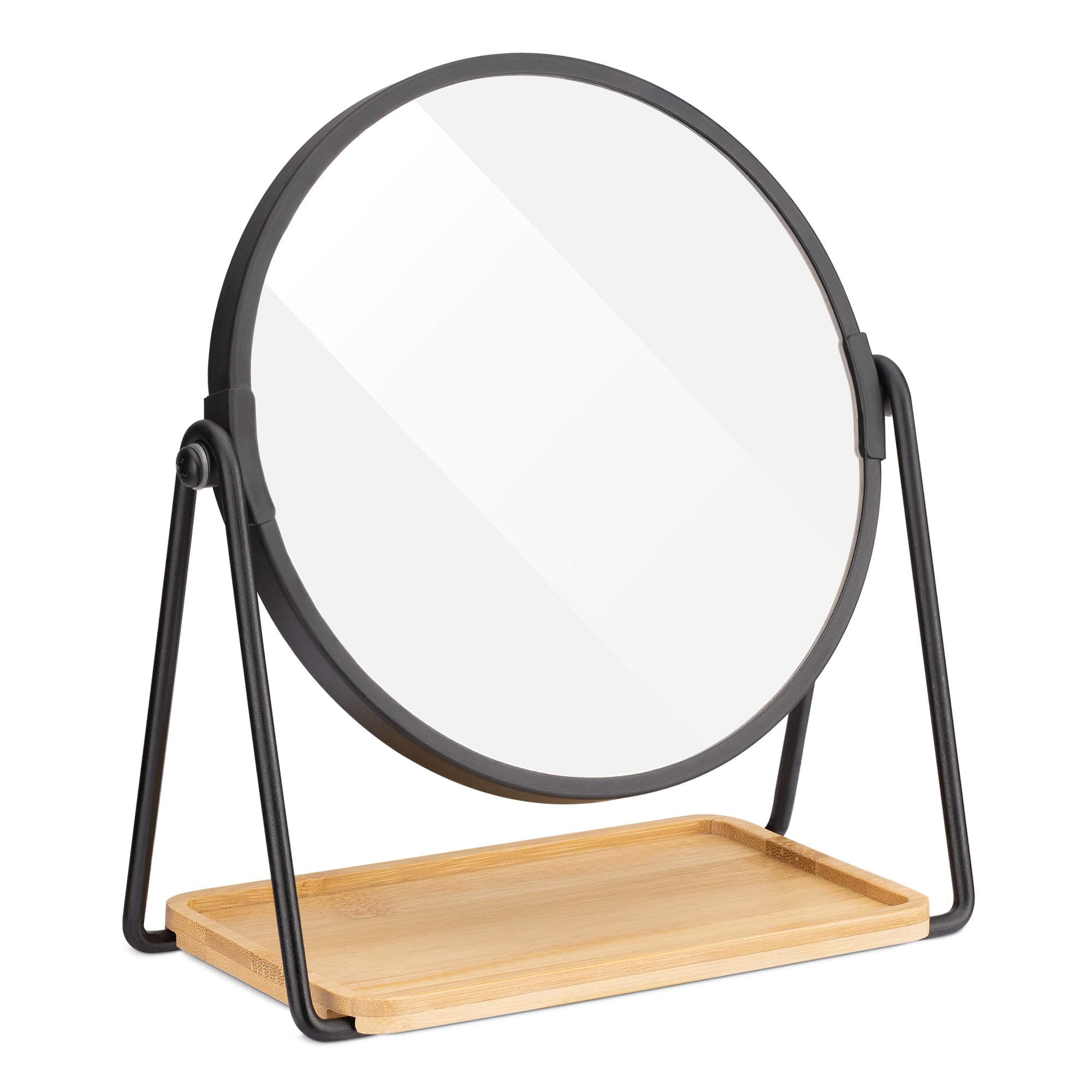 Navaris Vanity Mirror with Tray - Double-Sided Table Top Makeup Mirror with 1x/2x Magnification and Bamboo Base - for Bathroom, Bedroom, Desk - Black