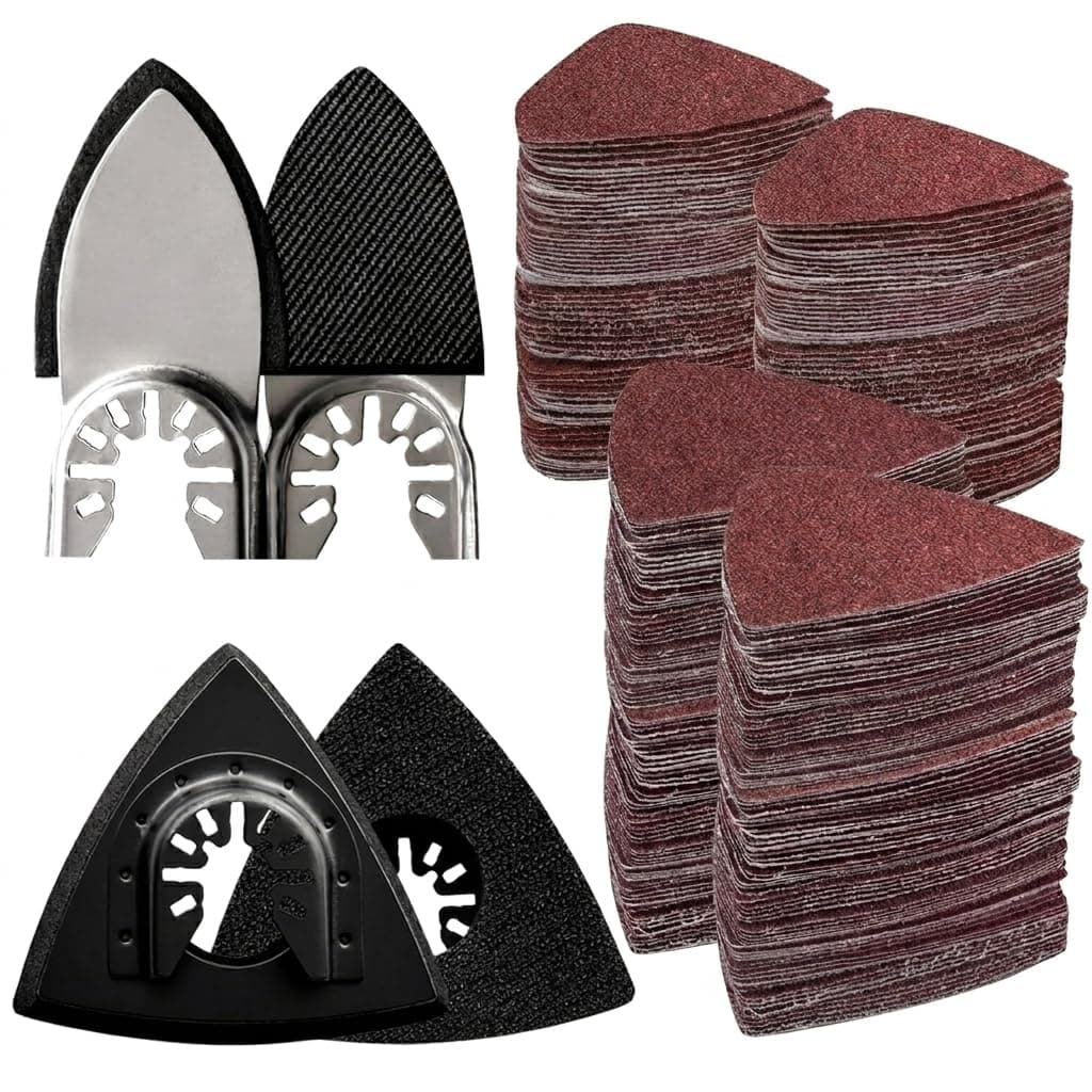 104Pcs Upgraded Oscillating Tool Sanding Pads, Heavy-Duty Hook & Loop Strong Adhesion, Wear-Resistant Detail Sander Pads with 2 Triangle & 2 Finger Pads, 100 Sandpaper Sheets for Wood, Drywall