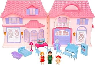 Boley: Doll House - Pink & Purple - 16pc Playset - 3 Family Dolls & 12 Furniture Accessories, Foldable & Portable Design, Durable Plastic, Kids 3+
