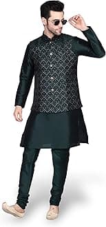 Ethluxis® Men's Silk Blend Kurta Churidar Pyjama with Ethnic Bundi Jacket Set