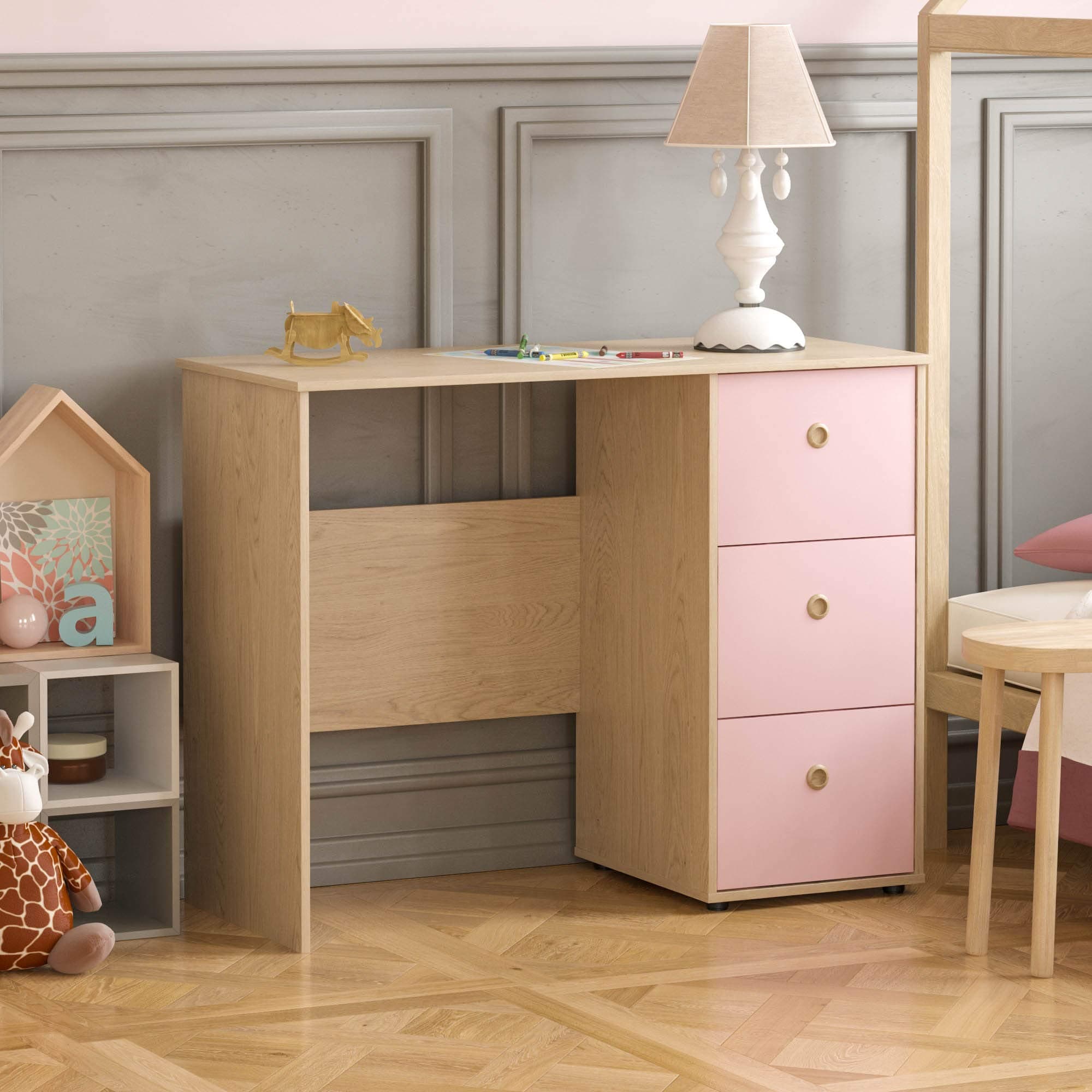 Neptune 3 Drawer Desk Computer Dressing Table PC/Laptop Home Study Workstation Children Kids Furniture (Pink & Oak)