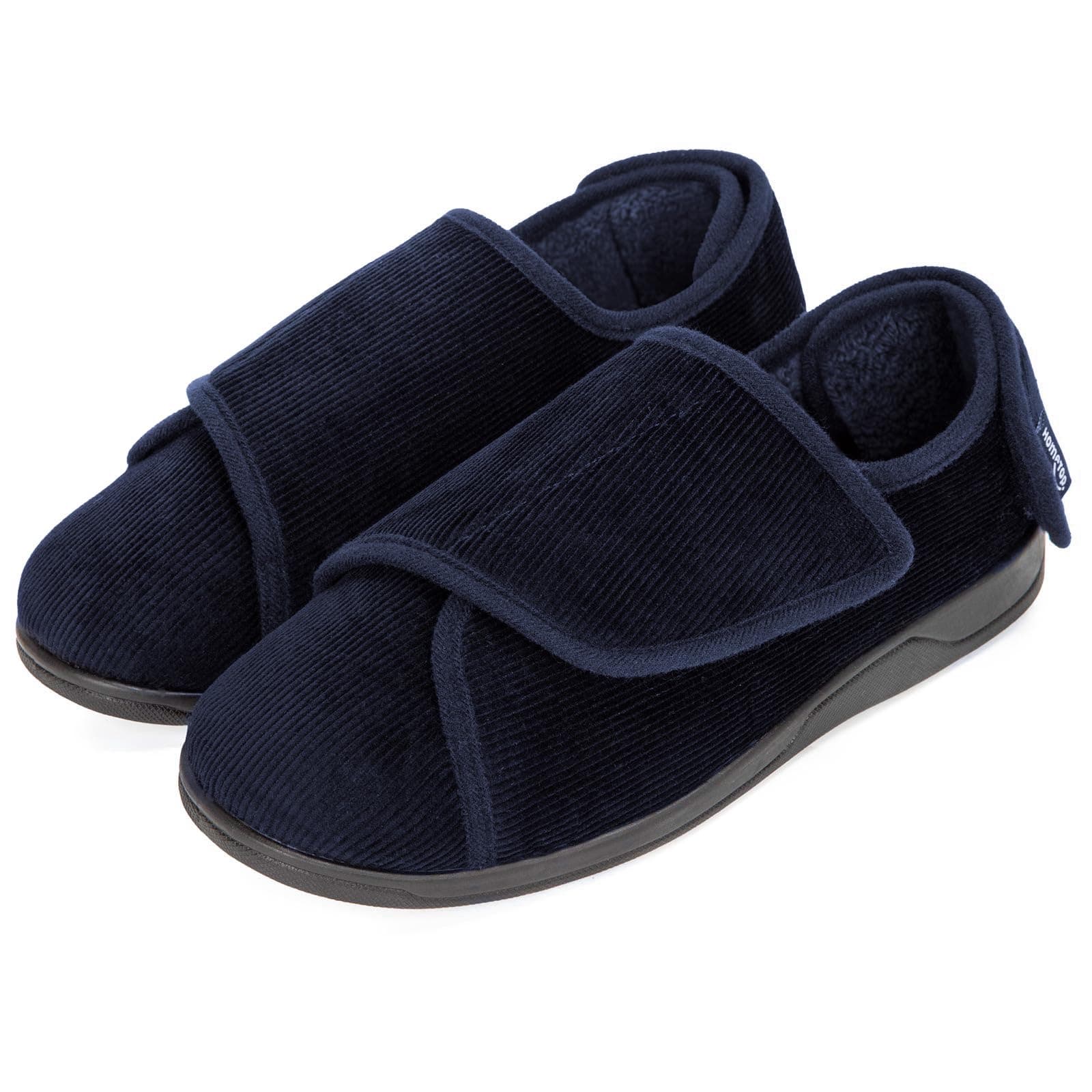 Men's Wide Fit Corduroy Slippers, Adjustable Hook & Loop with Memory Foam for Indoor Comfort