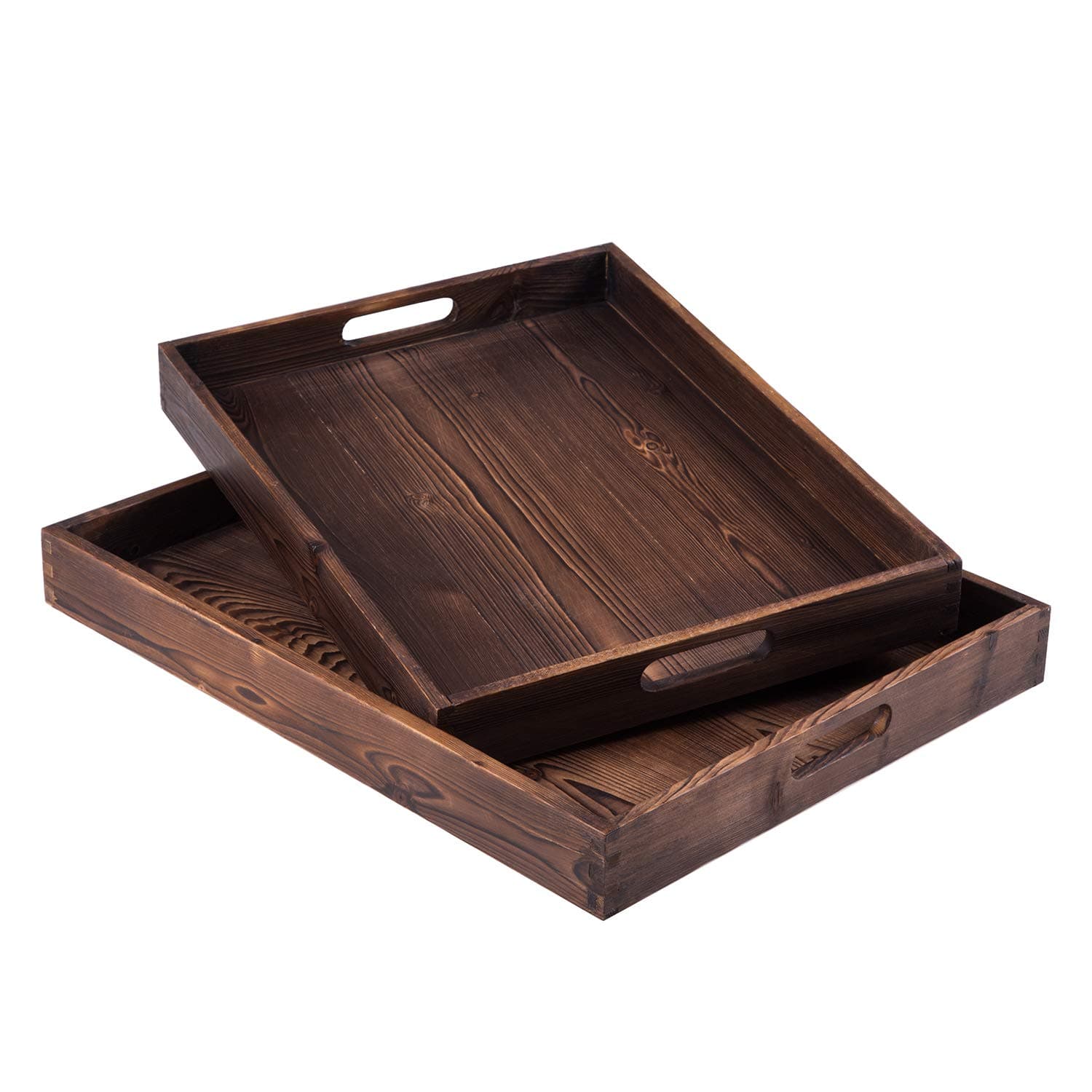 Lanperle Serving Tray Set - Crafted from Pine Wood and with Two Handles - 16.5" X 12.5" and 18" X 14" with 2" Tray Depth