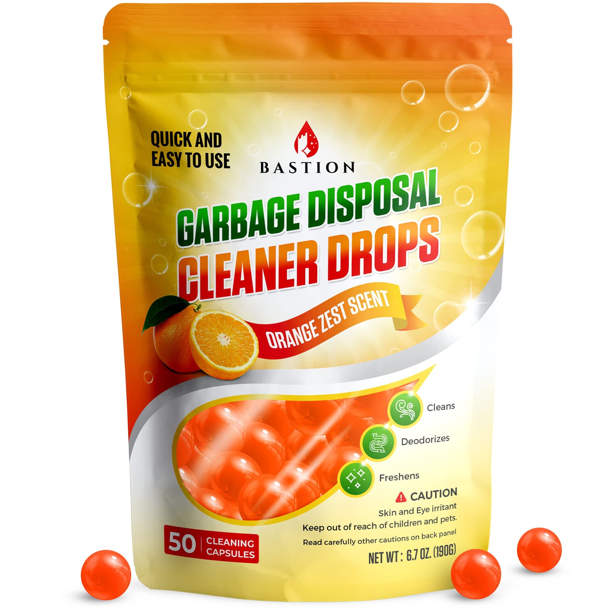 Bastion Garbage Disposal Cleaner and Deodorizer Drops- [[50-Count]] Orange Zest Scented Kitchen Sink Freshener Pods & Drain Odor Eliminator Disposer Care Balls