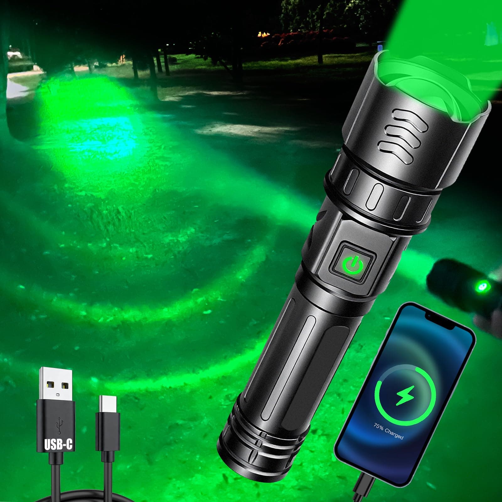 USB-C Rechargeable Green Flashlight Zoomable 1000 Yard Pressure Swit...
