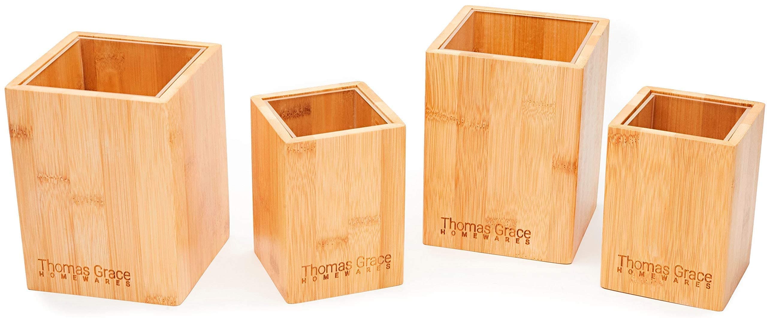 Multi-Function Bamboo Box Set of 4 - Thomas Grace Homewares. Kitchen Utensil Holder for Countertop | Bathroom Caddy Organizer | Pencil Holder | with Internal Moisture Guard (2 x box sizes inside)