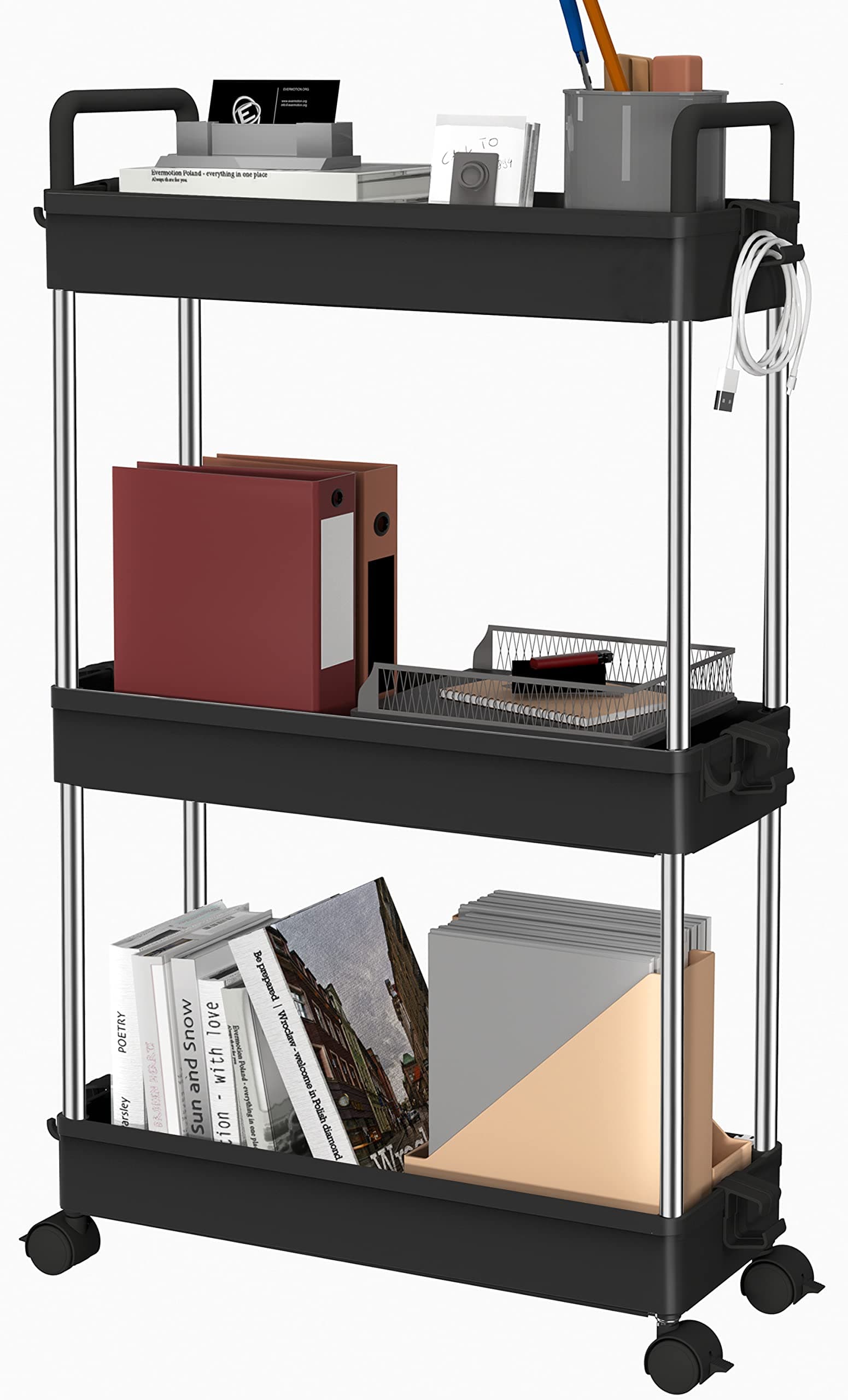 Ronlap 3 Tier Slim Storage Rolling Cart, Plastic Slide Out Storage Organizer Tower, Narrow Mobile Shelving Unit with Handle, Skinny Utility Cart with Wheels for Kitchen Bathroom Laundry Room, Black