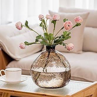 Round Hammered Glass Vase for Flowers, Crystal Flower Vase Irregular Shape for Living Room Dining Table Wedding Decor Center Pieces