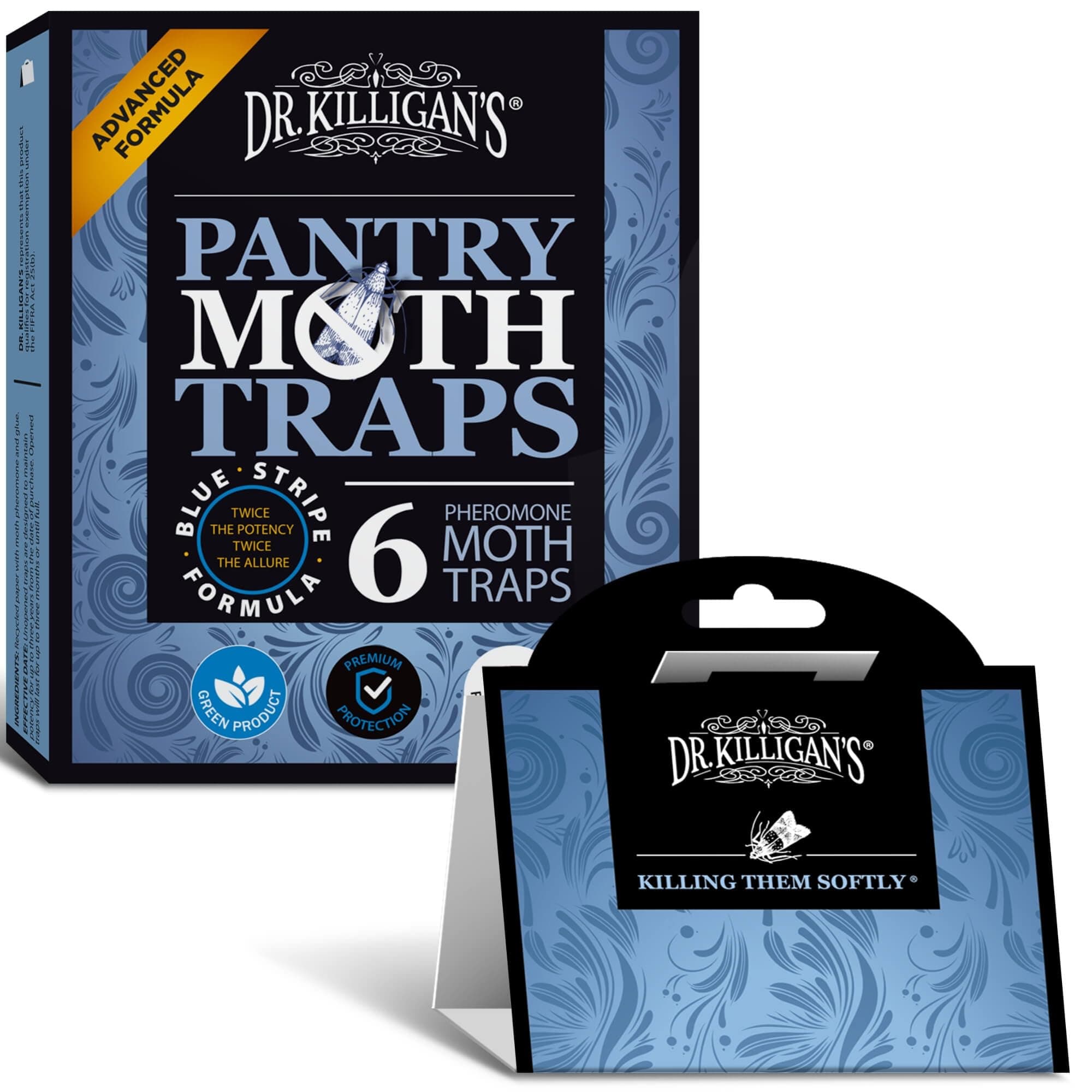 Dr. Killigan's Premium Double Potent Pantry Moth Traps with Pheromones Prime, Indian Meal Moth Traps for House, How to Get Rid of Moths in House (6 Count, Blue)