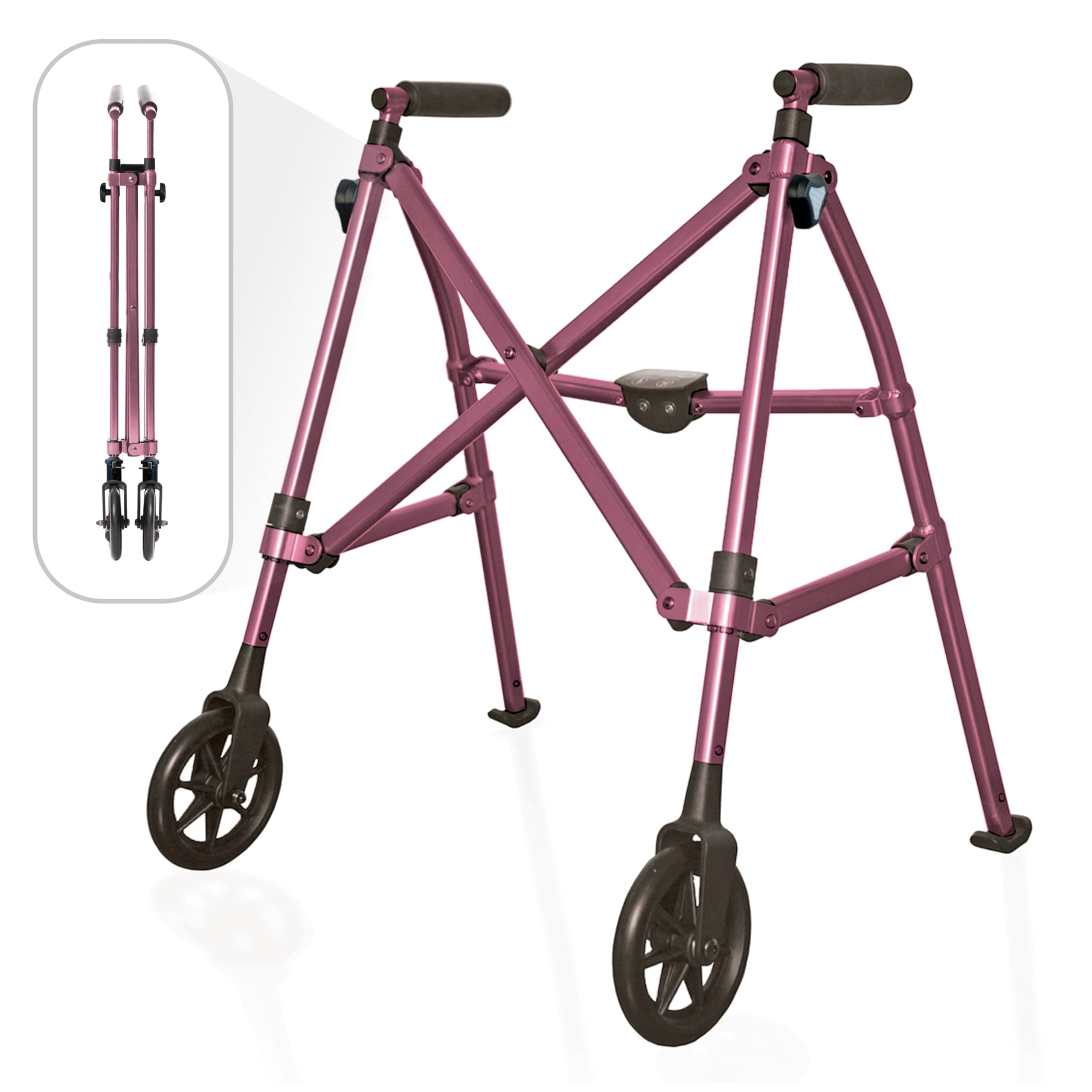 Stander Wonder Walker Short, Junior Lightweight Foldable Space Saver Rolling Walkers for Adults, Seniors, and Elderly, Petite Size with 6-inch Wheels and Ski Glides for Mobility Support, Regal Rose