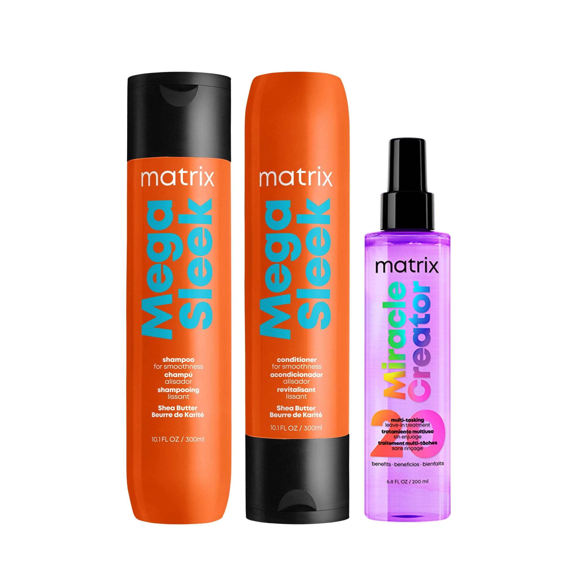 Matrix Mega Sleek Shampoo, Conditioner, & Miracle Creator Set | Controls Frizz Leaving Hair Smooth & Shiny | Nourishes with Shea Butter | For Dry, Damaged Hair | Salon Routine | Packaging May Vary