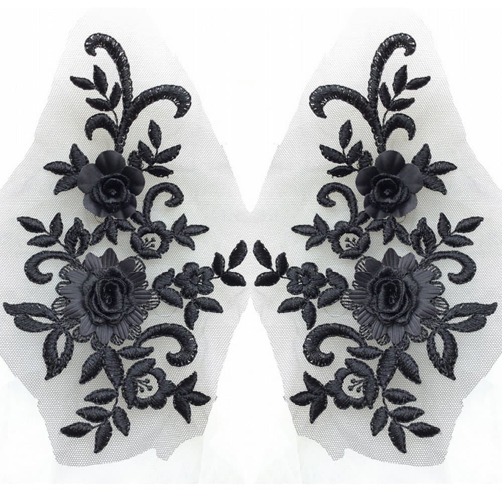 USJee 1 Pair 3D Embroidery Black Lace Flower Applique Patch Sewing Craft Decoration