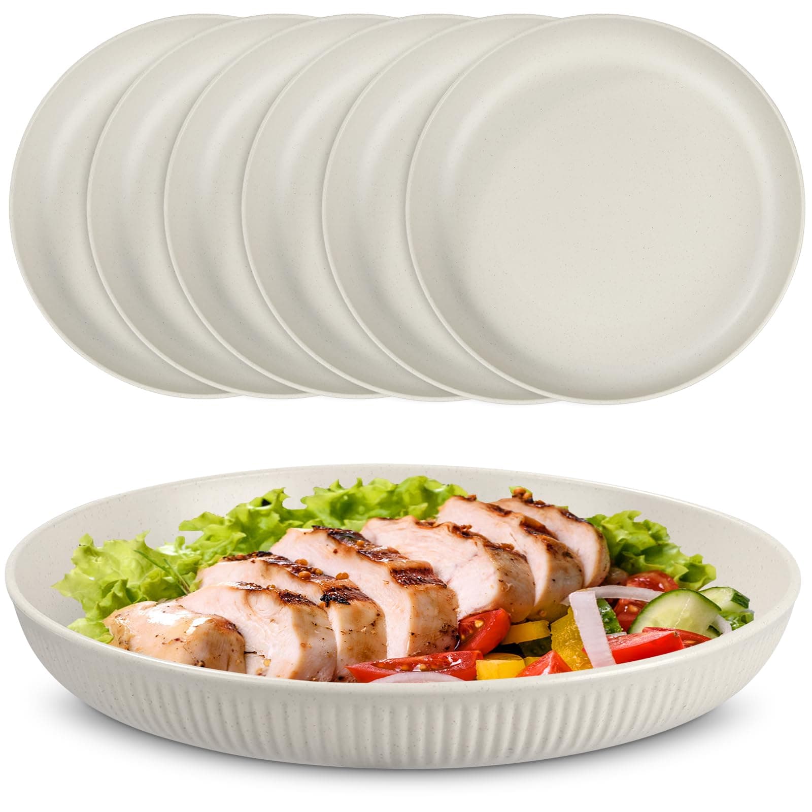 6Pcs Unbreakable Dinner Plates, 22.5cm Plastic Plate Camping Set, Reusable for Salads, Pasta, Parties, Home, Office, Microwave & Dishwasher, Beige