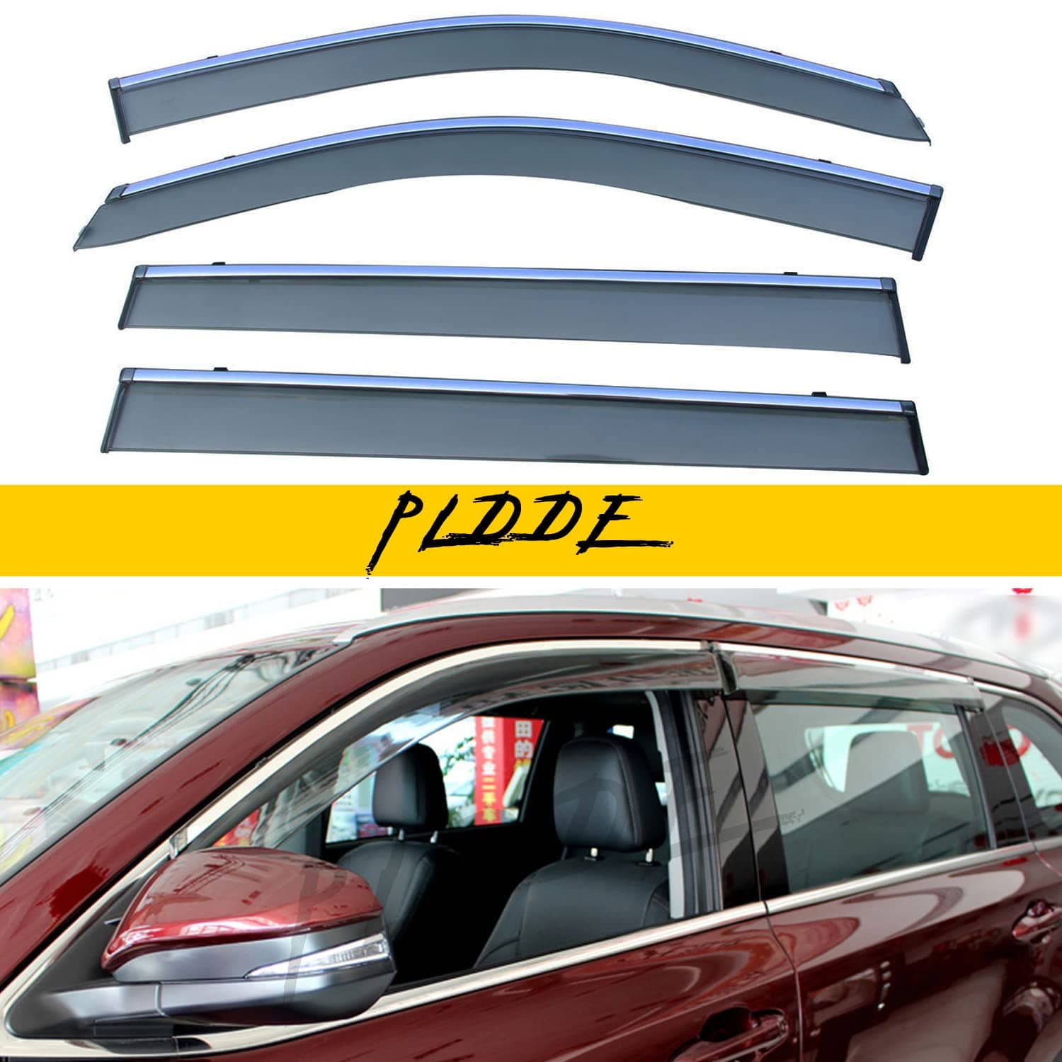 PLDDE4pcs Compatible with Sun Rain Guard Window Visors 2014-2019 Toyota Highlander XU50 Outside Mount Tape On/Clip On Style Smoke Tint With Chrome Trim PVC