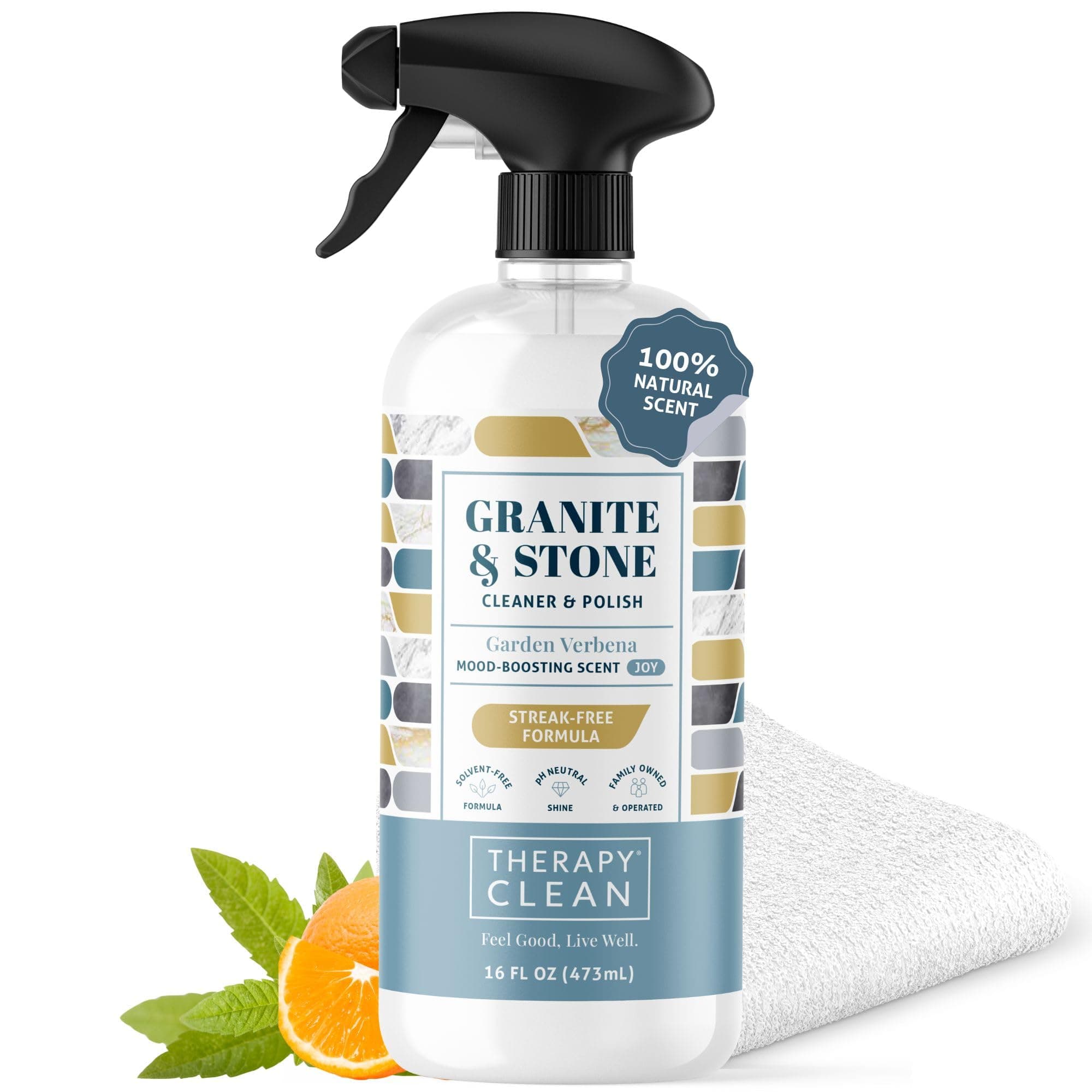 Therapy Granite Cleaner Kit with Microfiber - Daily Countertop Cleaner for Stone, Granite, Marble, Soapstone, Quartz, Quartzite, Slate, Headstone, Limestone, Corian, Laminate, and Tile