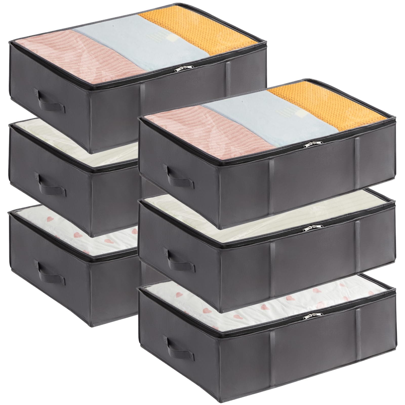 Lifewit 6 Pack 40L Under Bed Storage, Underbed Storage Boxes with lid Clothes Storage Bag Wardrobe Storage Organiser with Reinforced Handle, PVC Window for Duvet, Blanket, Clothing, Shoes, Grey