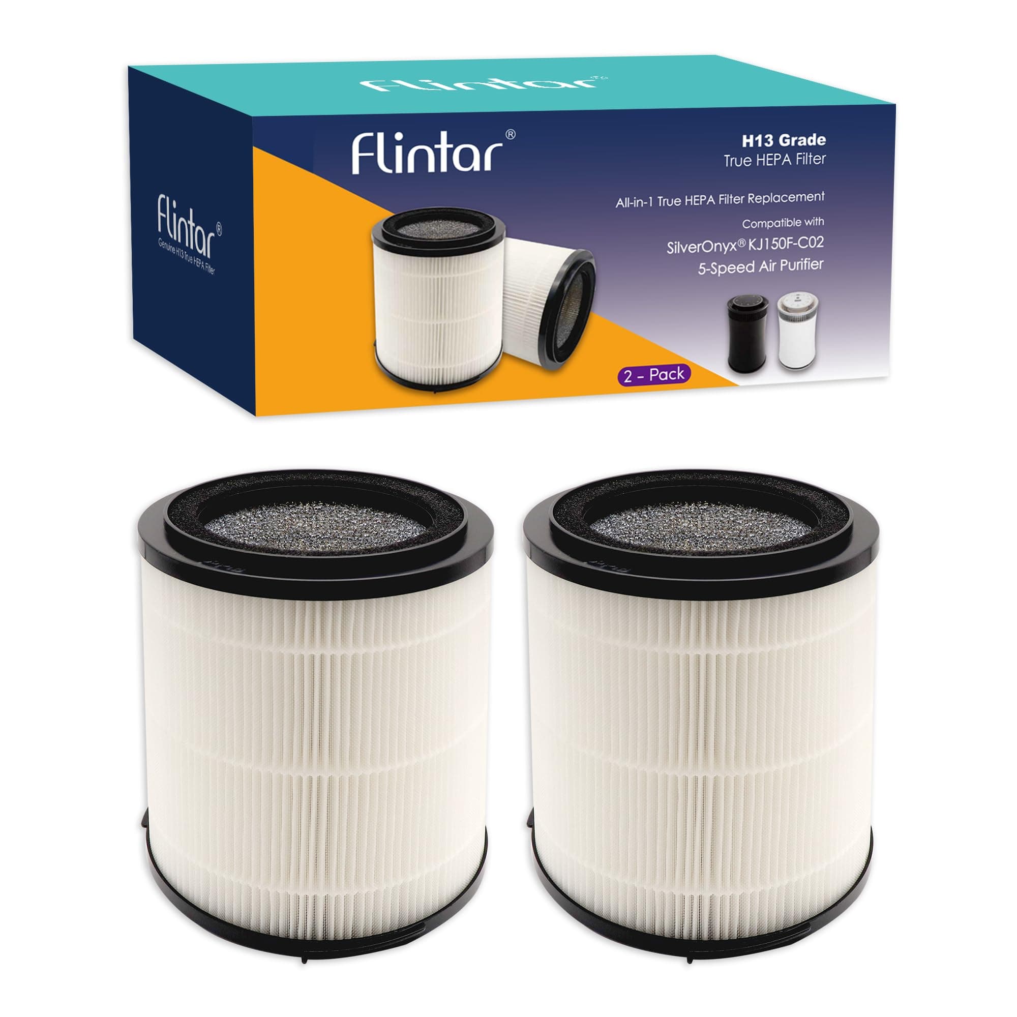 Flintar Replacement Filter, Compatible with SilverOnyx 5-Speed Air Purifier KJ150F-C02, 3-in-1 H13 Grade Filtration, For Large Room 500 sq ft, 2-Pack
