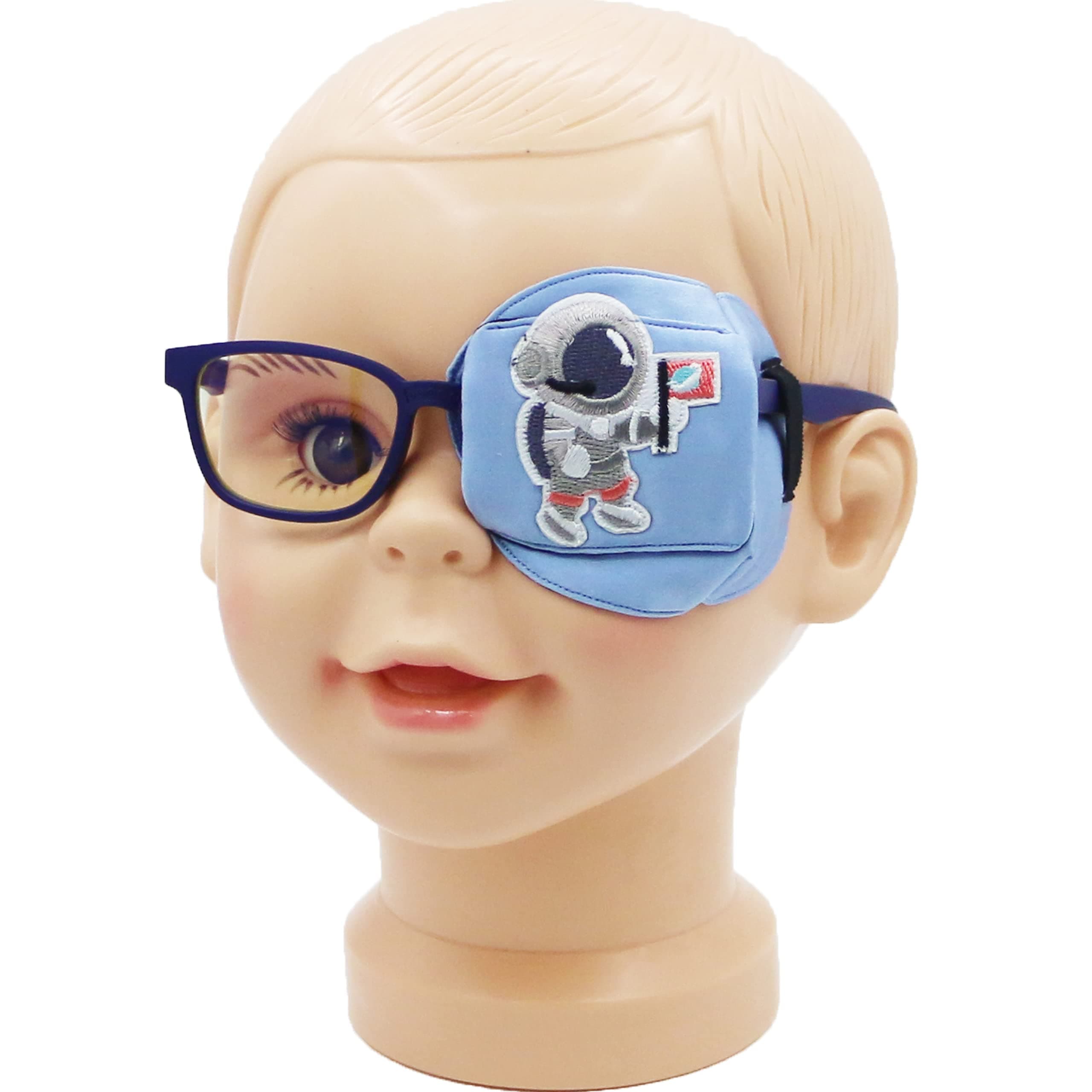 3D Silk Eye Patch for Kids | Boys Eye Patch for Glasses | Medical Eyepatch for Children with Lazy Eye (Blue - Astronaut, Left Eye)