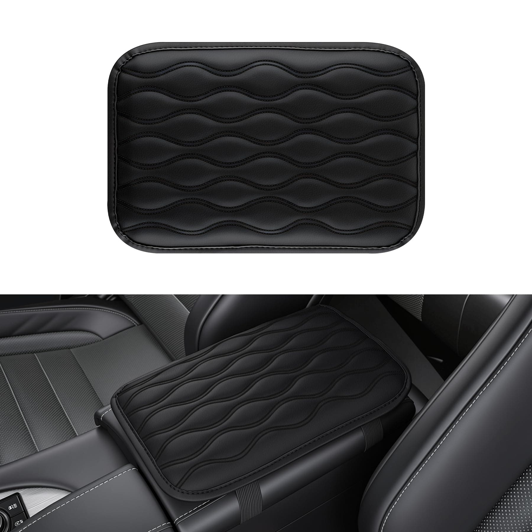 Amiss Auto Center Console Pad, Universal Waterproof Car Armrest Seat Box Cover, Car Interior Accessories, Leather Auto Armrest Cover Protector for Most Vehicle, SUV, Truck (Black)