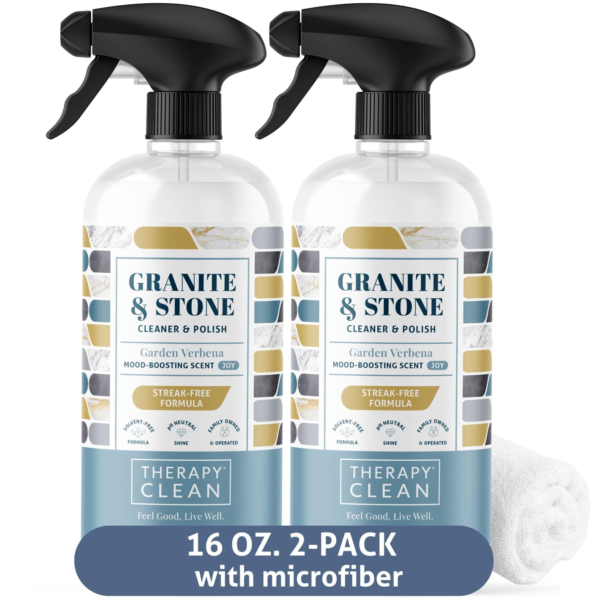 Therapy Granite Countertop Cleaner & Polish (2 Pack - With Microfiber) - pH Neutral, Marble Cleaner, Soapstone, Quartz, Stone, Quartzite, Slate, Limestone, Corian, Laminate