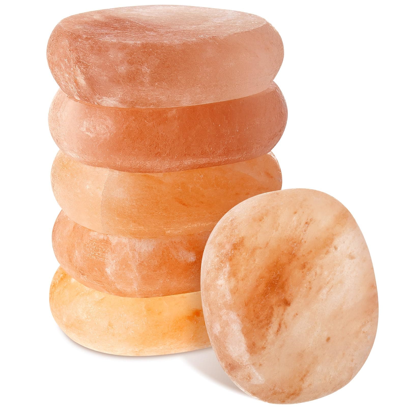 6 Pcs Flat Oval Massage Stone 3.5 x 1 x 2.6 Crystal Hand Carved Stone for Massages Therapy Himalayan Salt Massages Rocks Natural Pink Heated Warmer Stones for Spa Massage Salt and Sugar