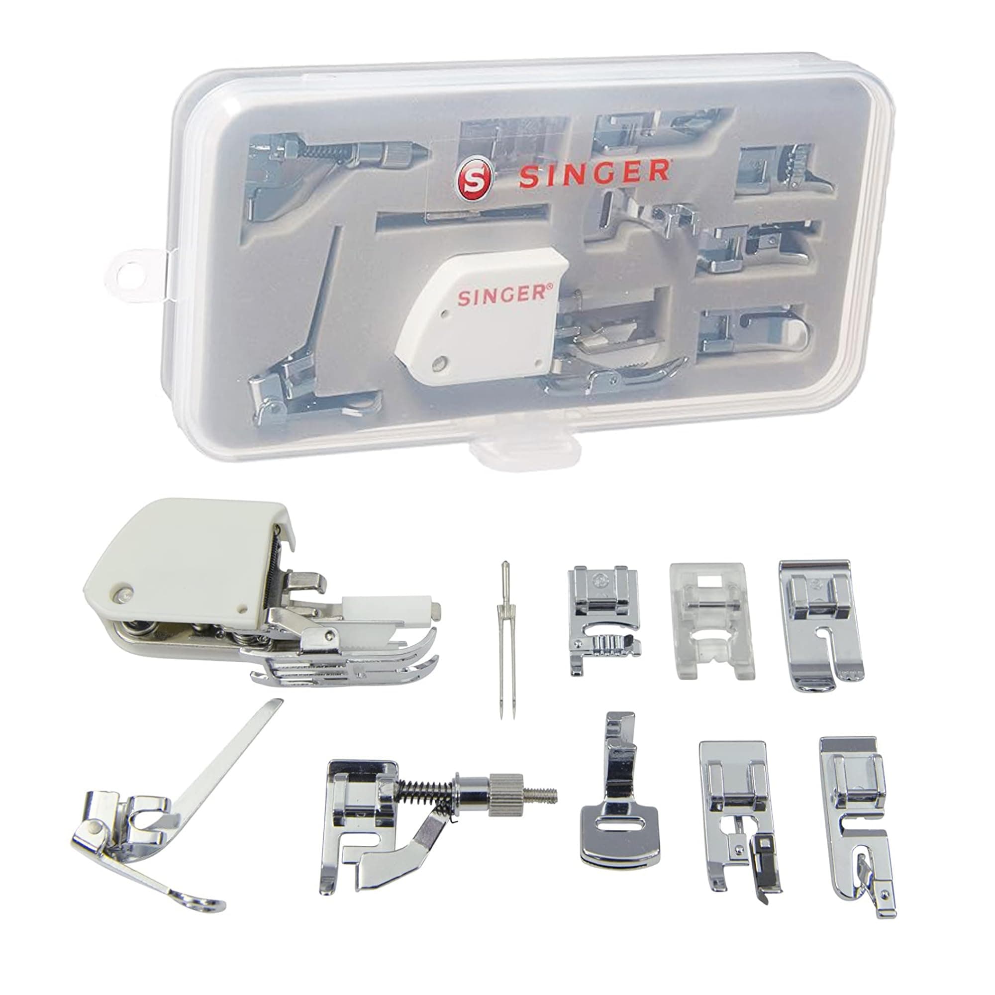 SINGER | Sewing Machine Accessory Kit, Including 9 Presser Feet, Twin Needle, and Case, Clear - Sewing Made Easy
