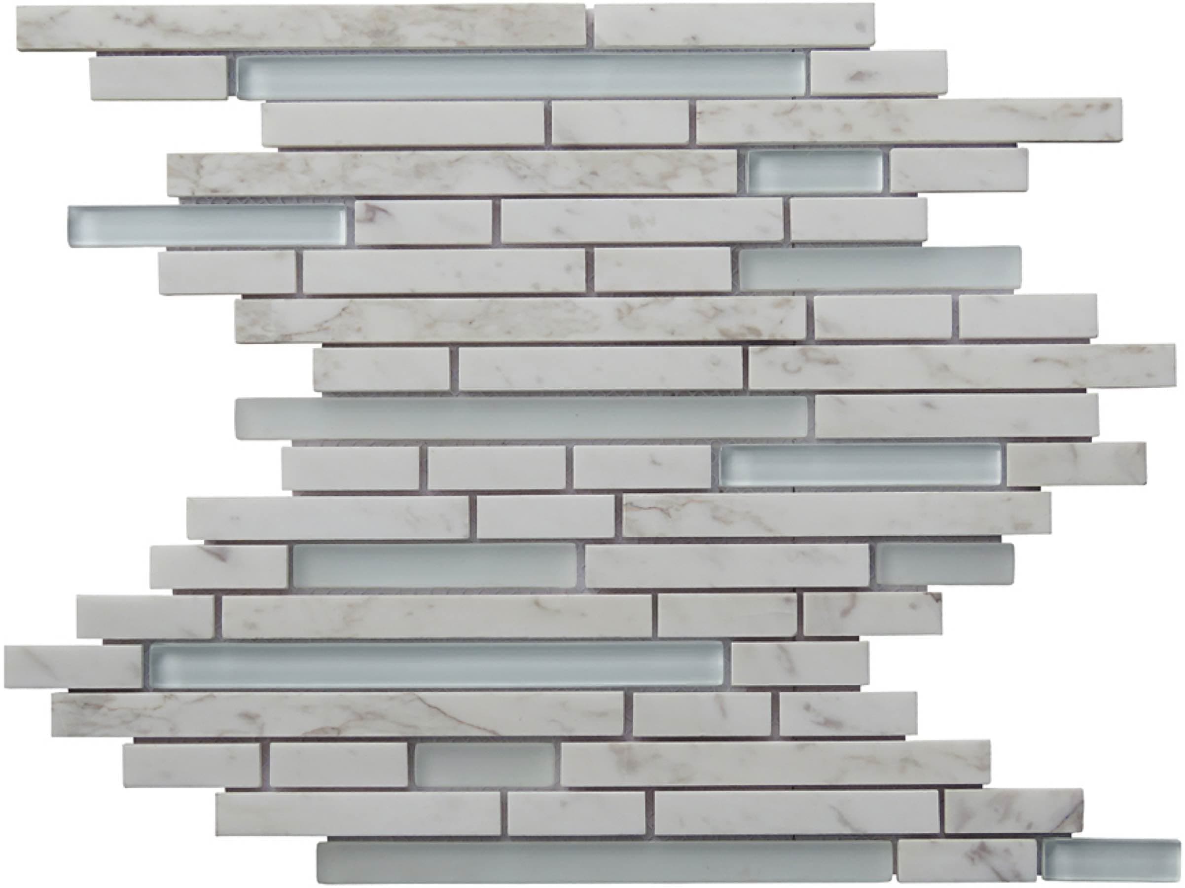 Intrend TileNS020-E Mosaic Tiles Linear Eternity Glass Pattern Polished Carrara Marble Tile Sheets, 16" x 11.88" Sheet Size, White, 5-Count