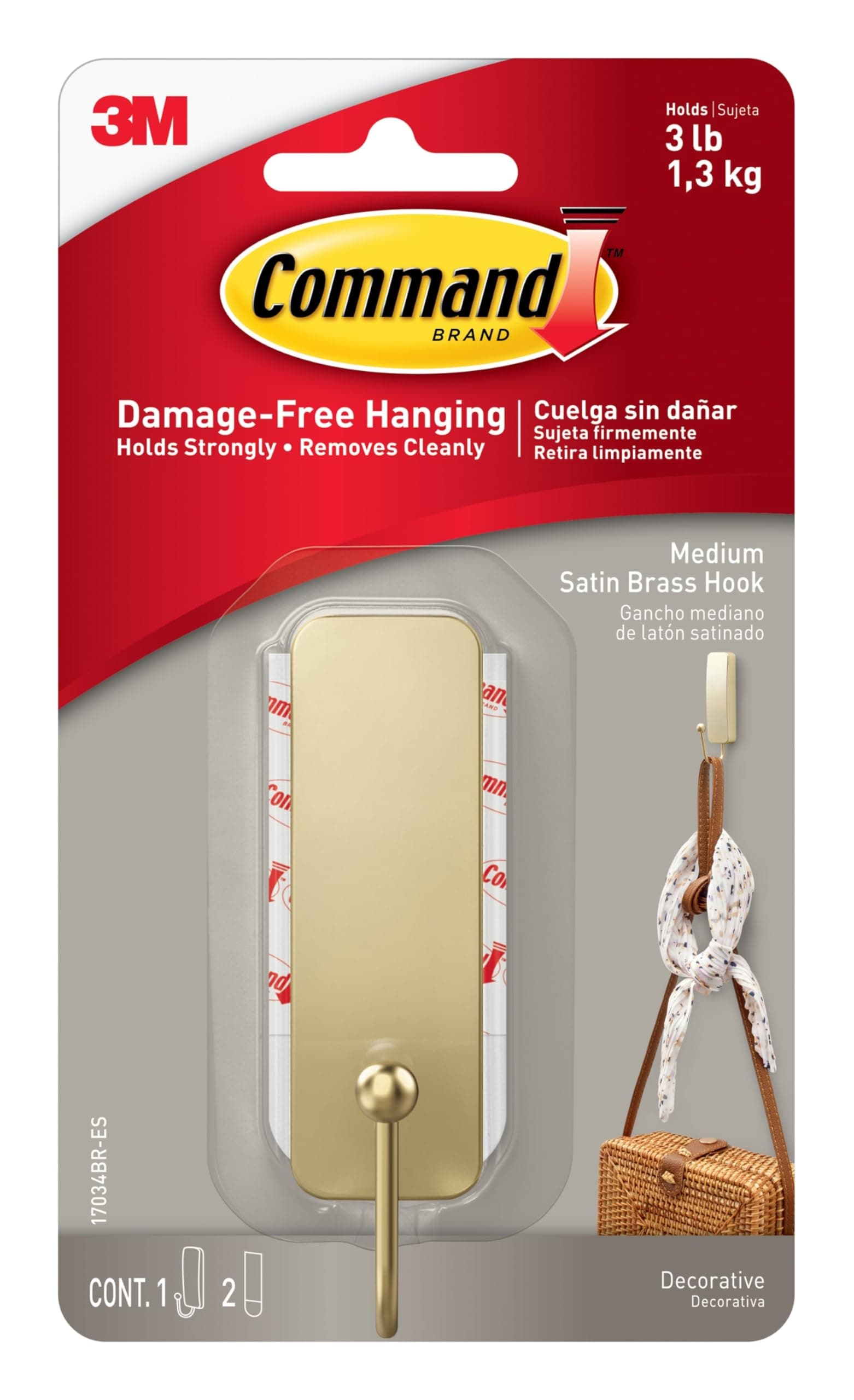 Command Medium Satin Brass Hooks, 1 Hook and 1 Strip, Damage-Free Hanging Wall Hook with Adhesive Strips, No Tools Coat Hooks for Hanging Home Decor, Holds up to 3 lb