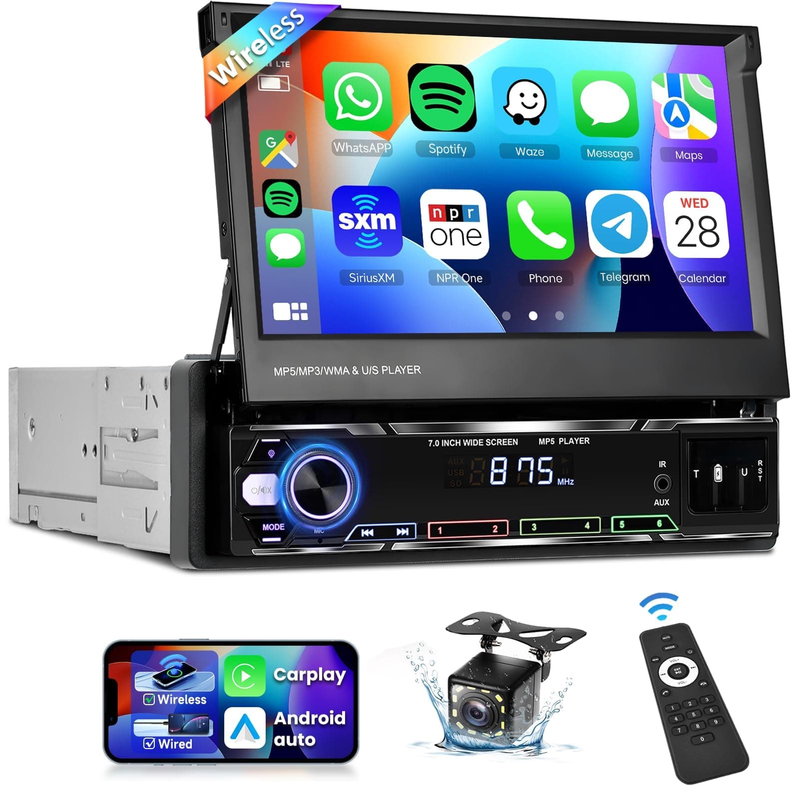 [Upgrade Wireless] Single Din Radio with Wireless Carplay Android Auto, 7" Flip Out Touchscreen Car Stereo with Bluetooth Mirror Link AM/FM USB Car Play Car Audio Receiver+HD Backup Camera