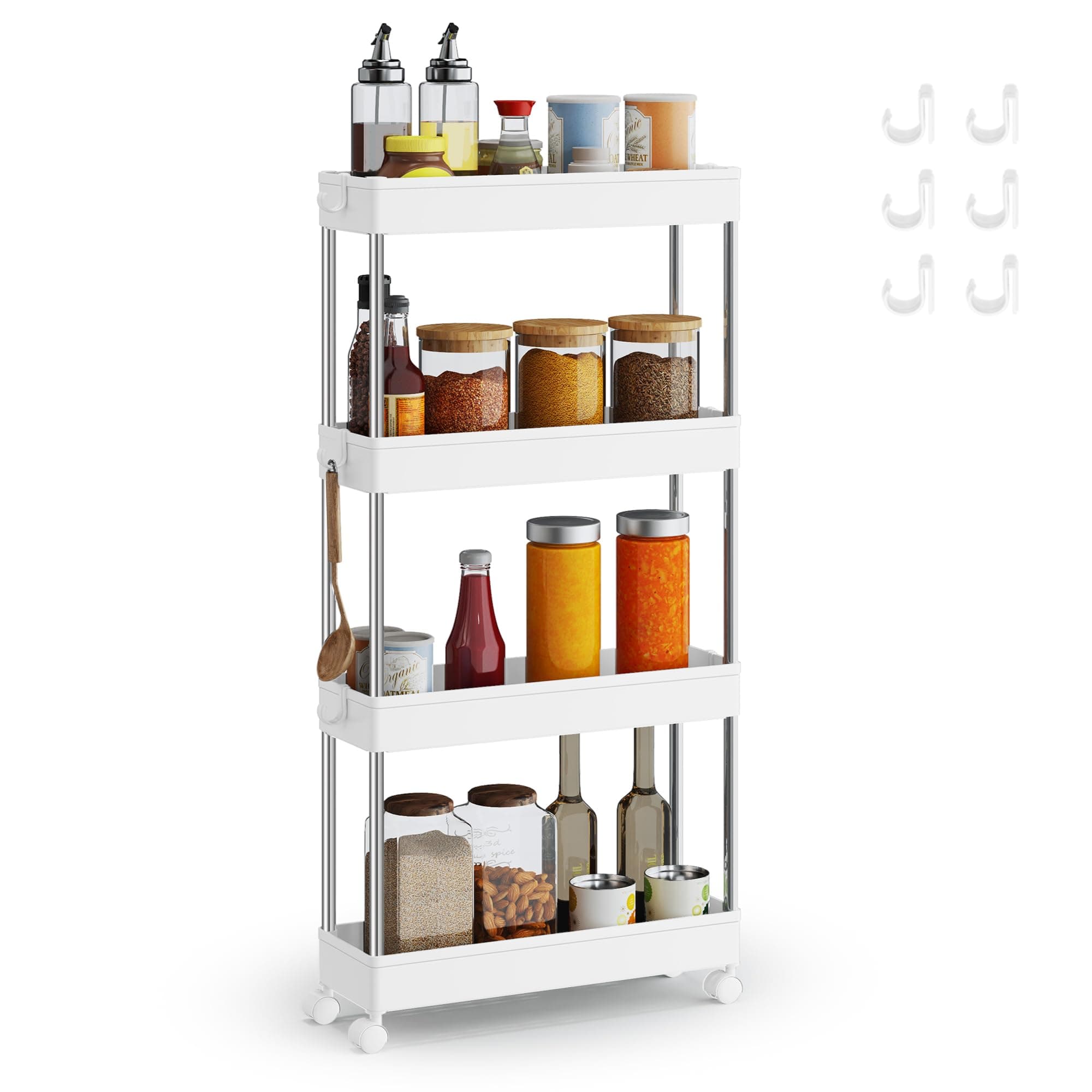 4-Tier Storage Trolley, Rolling Cart with Wheels, Space-Saving Kitchen Trolley in Office Bathroom, 14.4 x 42 x 86 cm, Cloud White KSC08WT