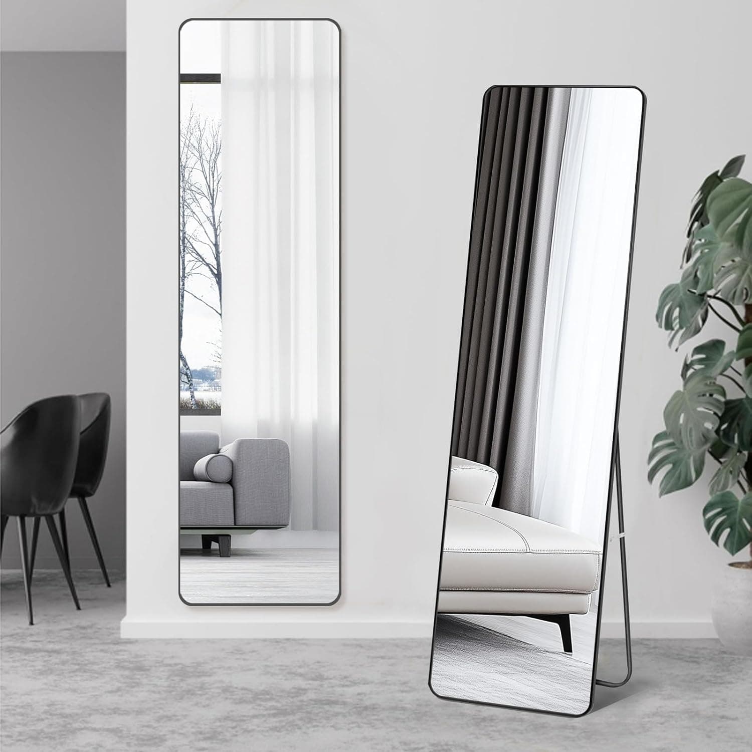 Decorhills Full Length Mirror 147x37cm – Rectangle Full Body Mirror with Foldable Metal Stand, Rounded Corner Floor Mirror with Durable Frame, Standing & Wall Mounted Dressing Mirror (Black)