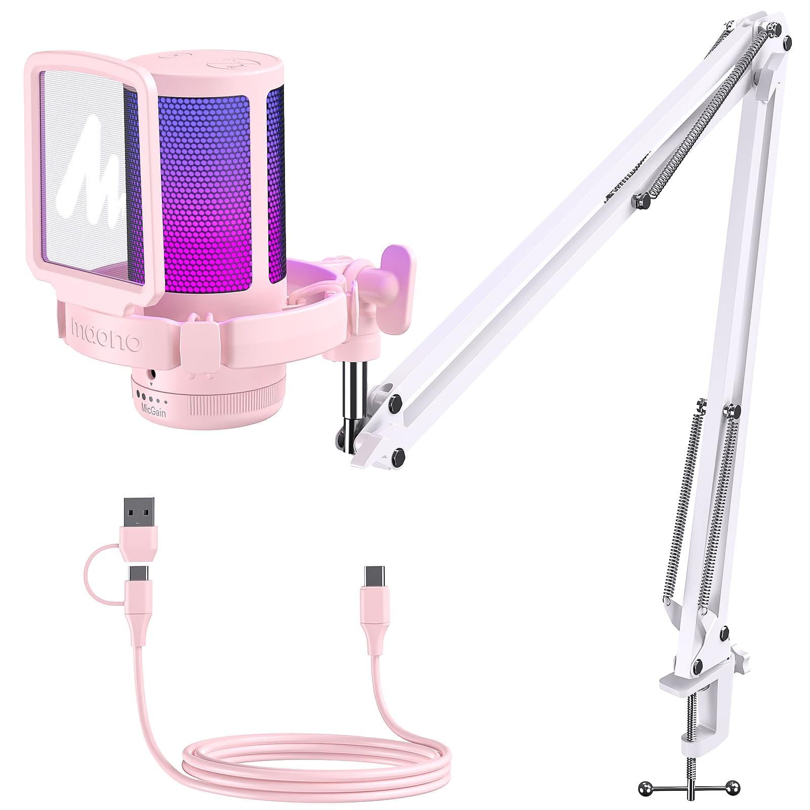 Gaming Microphone Pink with Noise Cancellation, Computer PC Condenser Microphone with RGB Light, Mute, Gain, Monitoring for Streaming, Podcast, YouTube, Twitch, Discord, PS5/4, GamerWave DGM20S