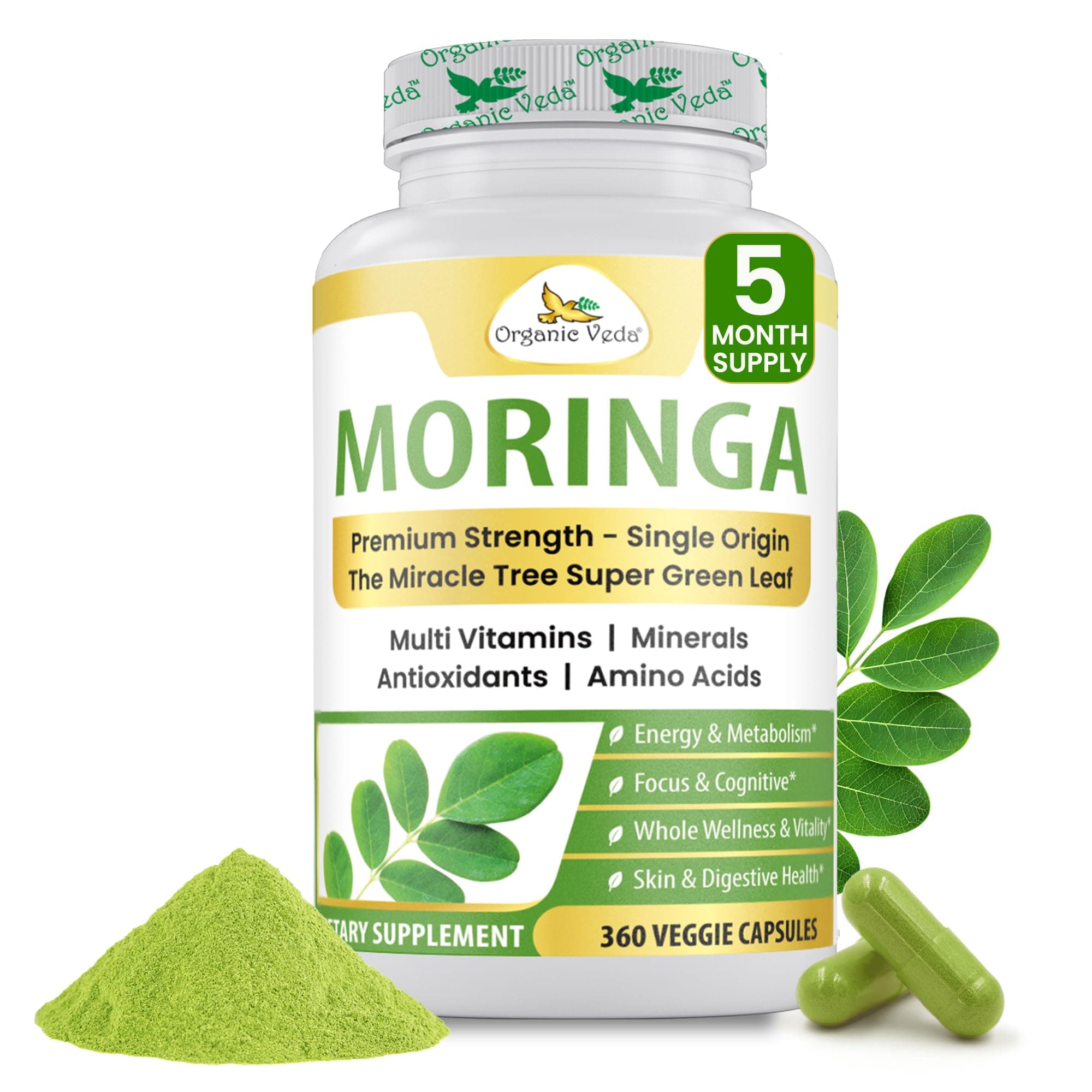 Moringa Capsule - True Green Single Origin Moringa Leaf Powder Organic Superfood - Premium Strength Miracle Tree Nutrients Vitamins Antioxidants Dense Tender Leaves (360 Capsules)