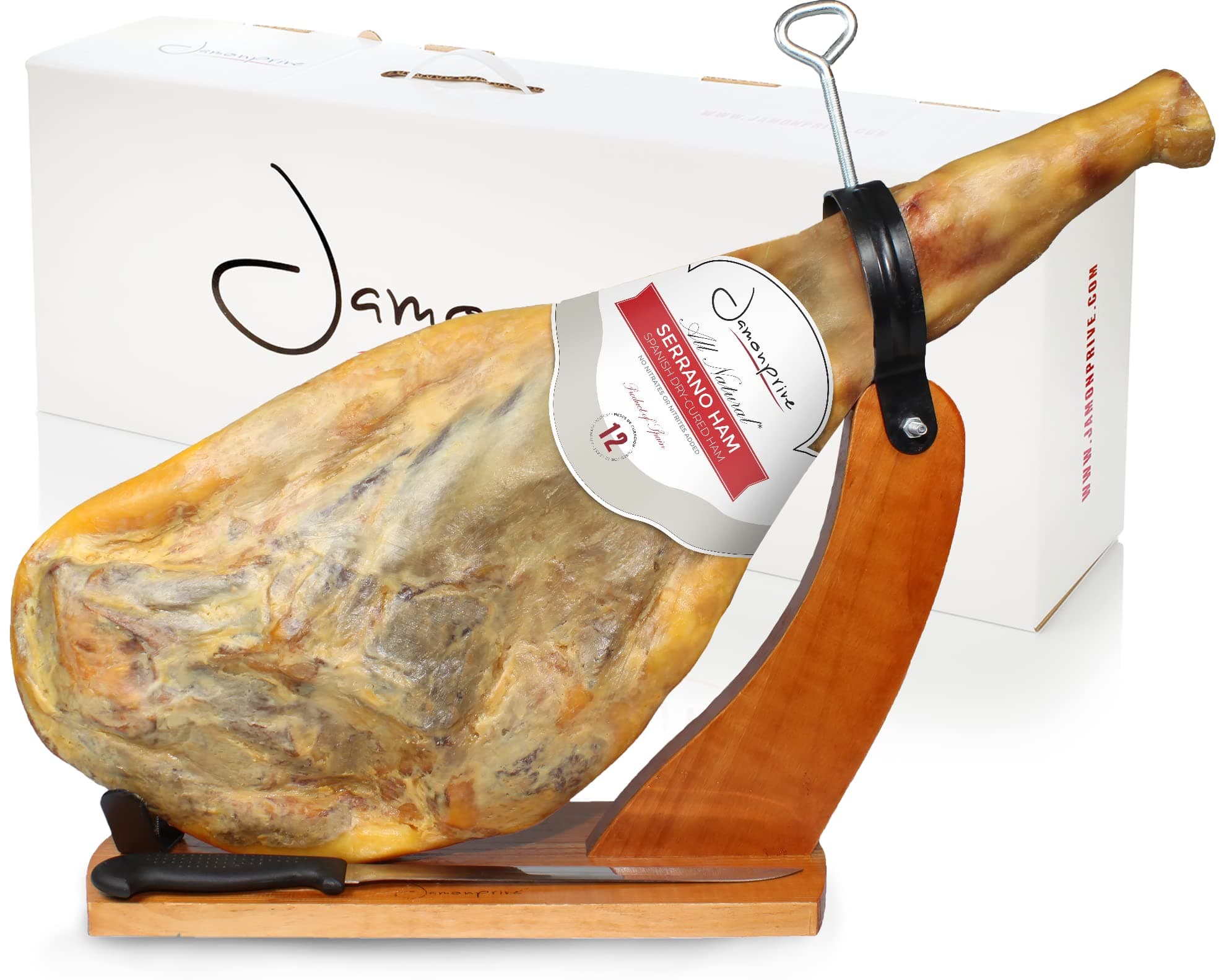 Spanish Serrano Ham Bone in from Spain 14-17 lb with Holder & Knife - All Natural, No Nitrates - Perfect for Tapas, Charcuterie, Parties & Family Gatherings – Ideal for Food Lovers & Gourmet Enthusiasts - Jamon Serrano - Spanish Ham