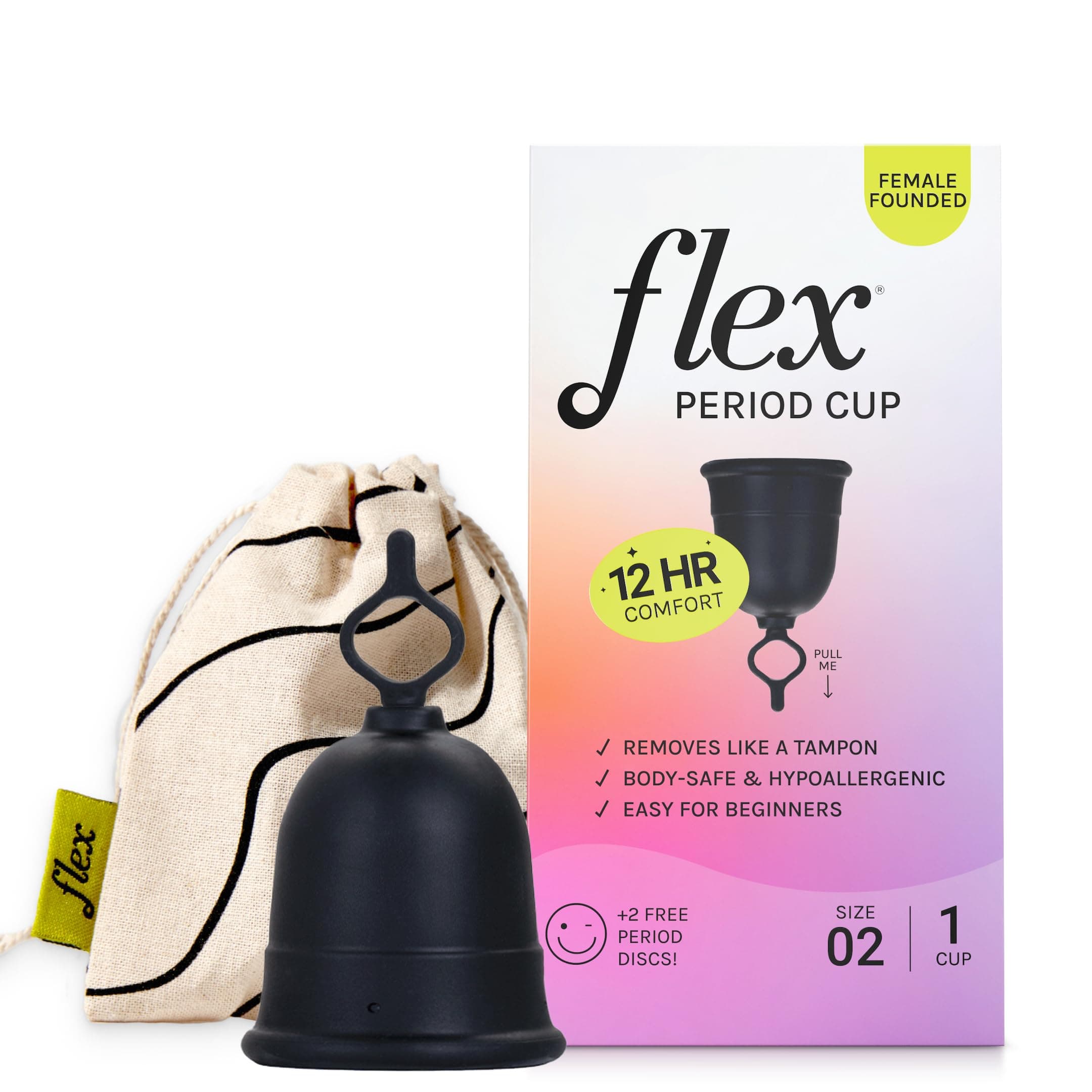 Flex Cup Starter Kit (Full Fit - Size 02) | Reusable Menstrual Cup + 2 Free Menstrual Discs | Pull-Tab for Easy Removal | Tampon + Pad Alternative | Lasts up to 10 Years | Capacity of 3 Super Tampons
