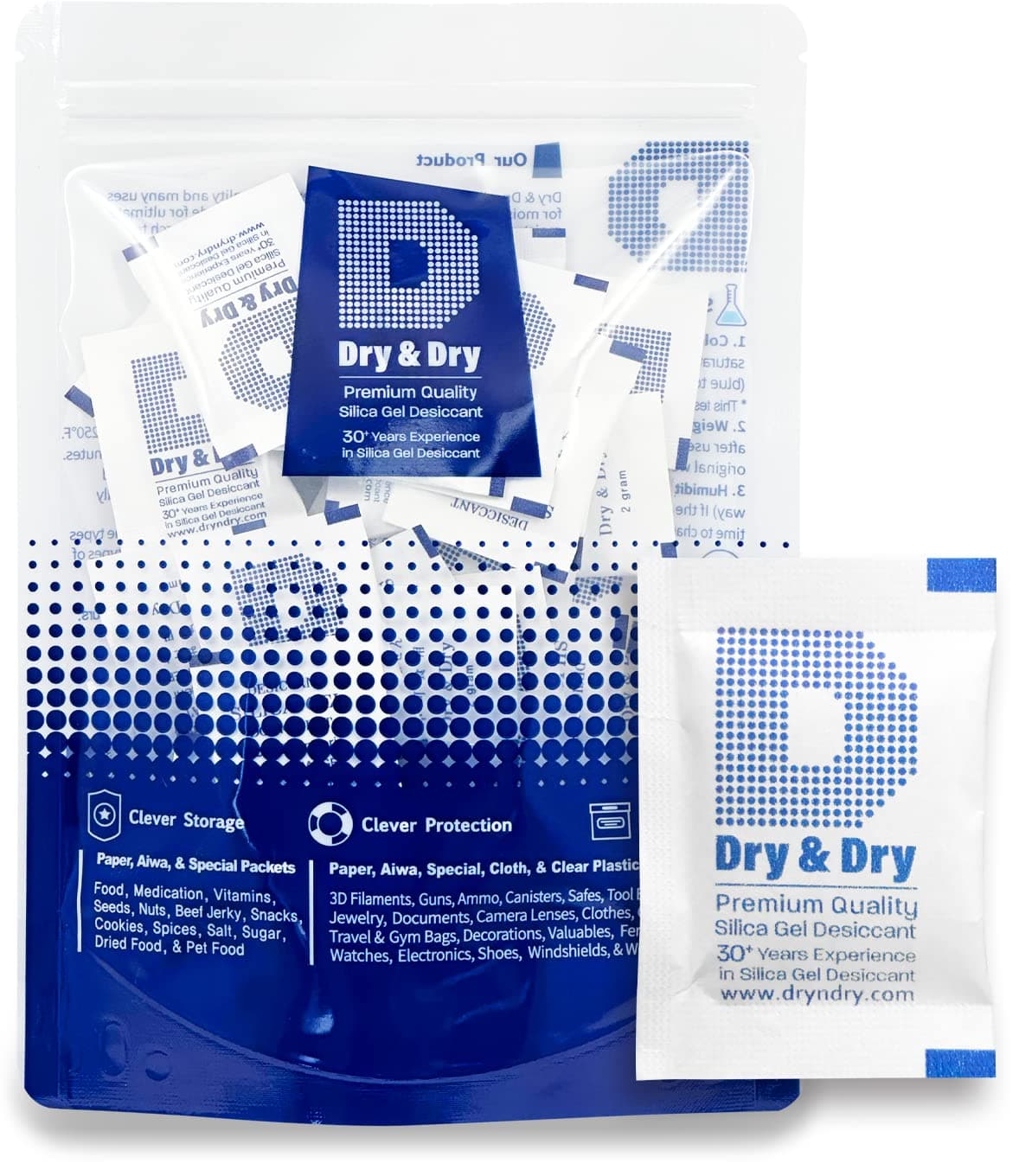Dry & Dry 2 Gram [100 Packets] Silica Gel Packets Desiccants, Silica Packets - Rechargeable Moisture Absorbers for Food Storage, Electronics, 3D Filament & Safes