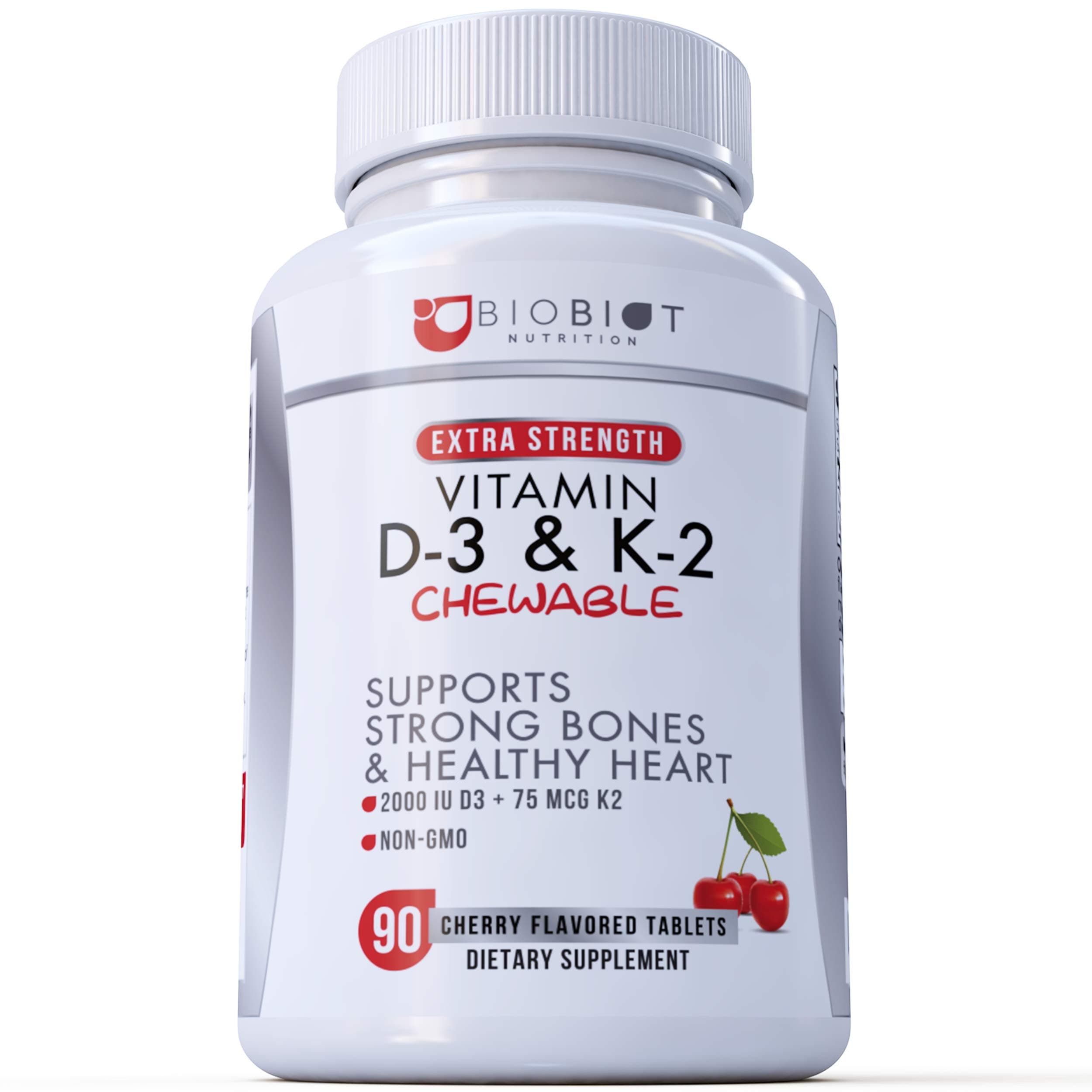 Vitamin D3 Chewable with K2 - Extra Strength (MK7) Supplement 90 Tablets - D3 2000 IU + K2 75mcg - Supports Strong Bones and Cardiovascular Health - Antioxidant - D & K Complex Formula - Men and Women