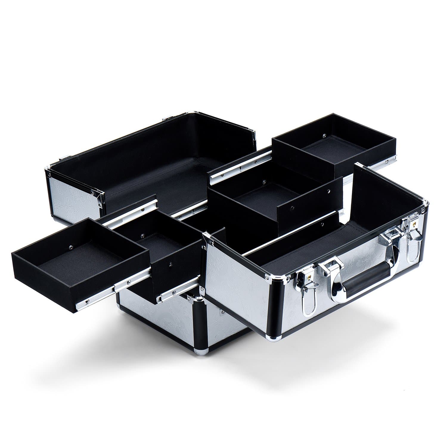 TWING Makeup Train Case Professional Cosmetic Box with Adjustable Dividers 4 Trays and 2 Locks Sliver