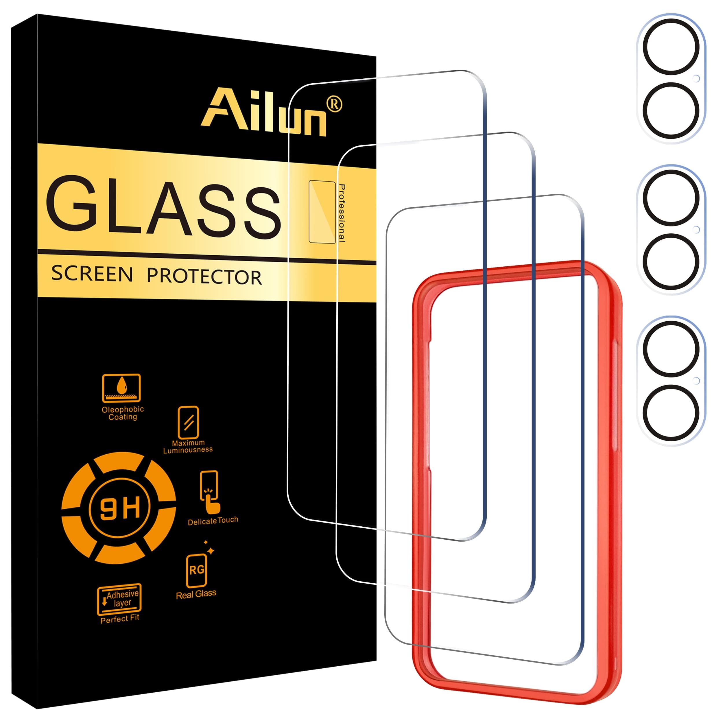 Ailun 3 Pack Screen Protector for iPhone 16 [6.1 inch] + 3 Pack Camera Lens Protector with Installation Frame,Case Friendly Tempered Glass Film,[9H Hardness][Not for iPhone 16e/16 Pro/Plus/Pro Max]